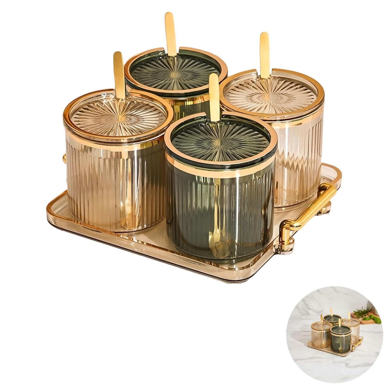 Acryl Gewürzbehälter Set, transparente Kunststoff-Gewürzdosen mit 4 Fächern, Deckeln und Löffeln, Gewürzbox für die Küchenarbeitsplatte, für Salz, Zucker und Würzmittel, mehrfarbig