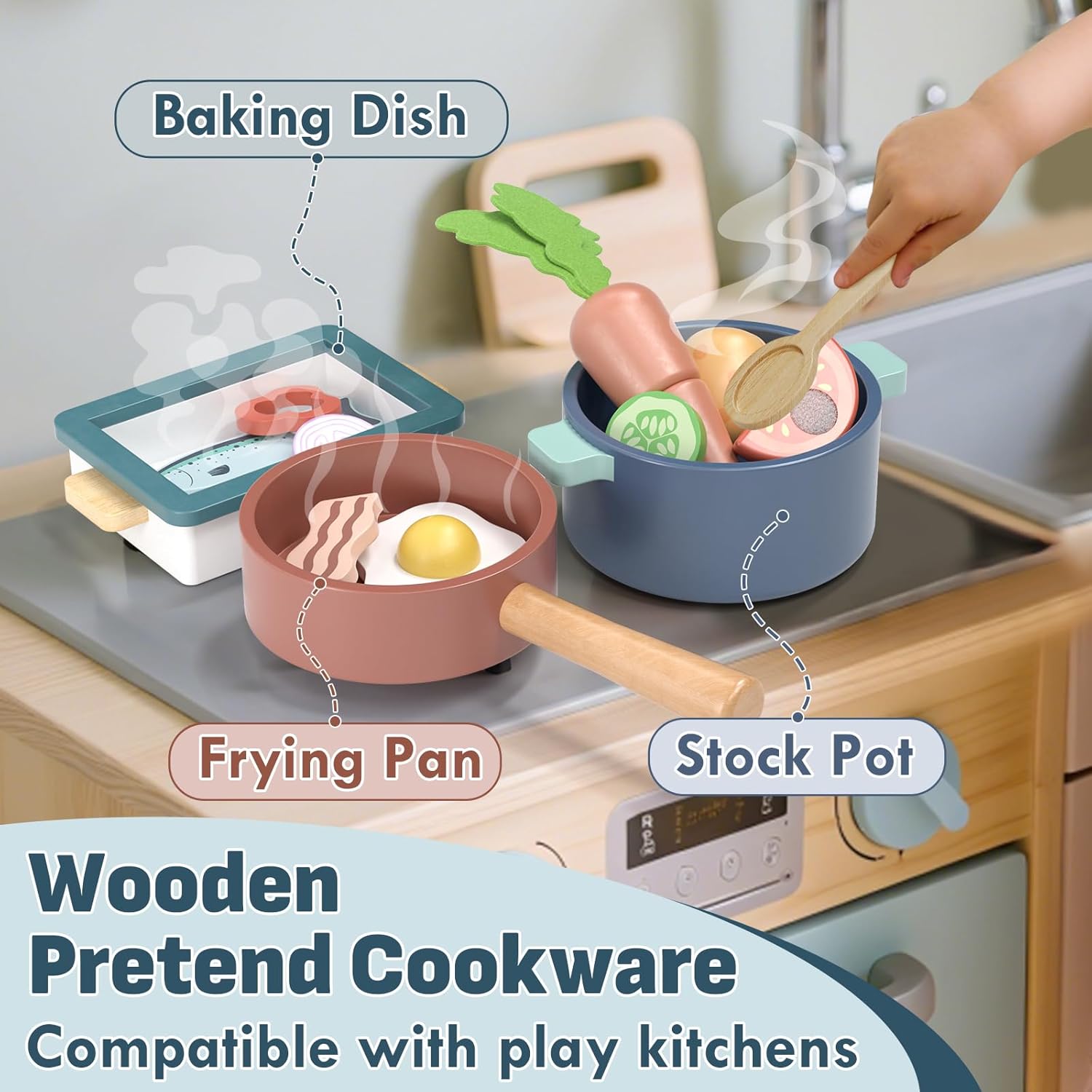 Lehoo Castle Wooden Play Kitchen Accessories, Play Pots and Pans Sets for Kids, Play Food Sets for Kids Kitchen, Montessori Food Toys for Toddlers 3-5, Gifts for Girls Boys - Image 3