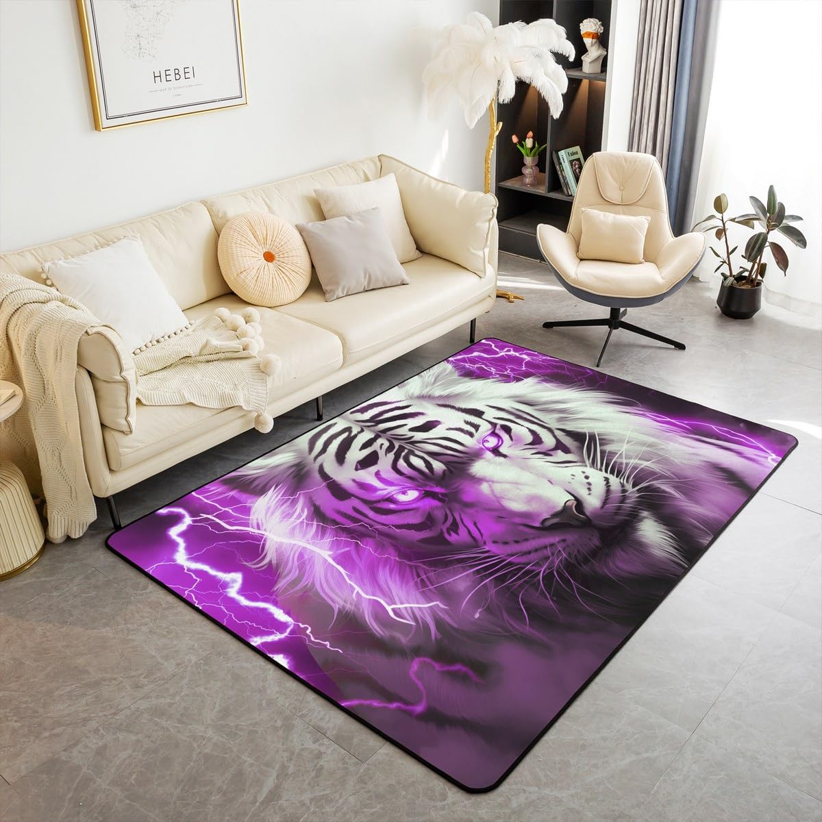 White Tiger Decorative Carpet Area Rug,Purple Lightning Wildlife Living Room Rugs for Boys Men Bedroom Video Games Tiger Area Rug 3D Wild Animal
