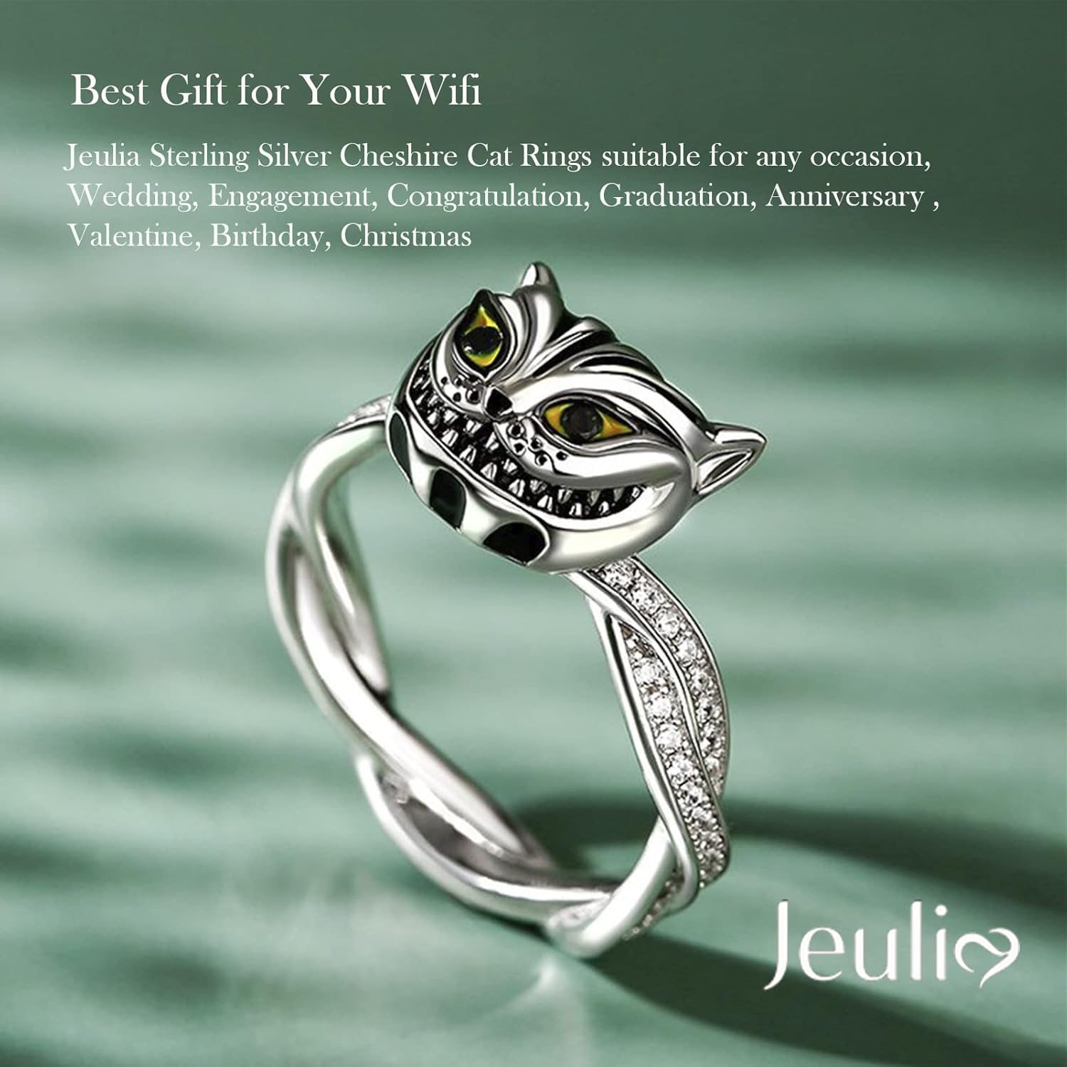 Jeulia Sterling Silver Cheshire Cat Rings for Women ​Enamel Rings Handmade Diamond White Fancy Black Cubic Zirconia ​Bridal Set Wedding Anniversary Engagement Promise with Jewelry Gift Box