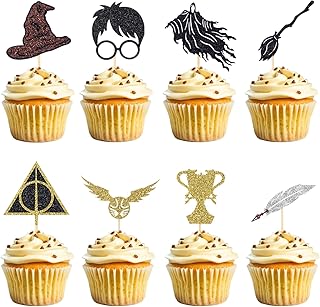 24 Pcs Black Magical Wizard Cupcake Toppers Gold Wizard Hat Flying Broomstick Cupcake Picks Magical School Theme Birthday Cake Decorations New Year Party Supplies