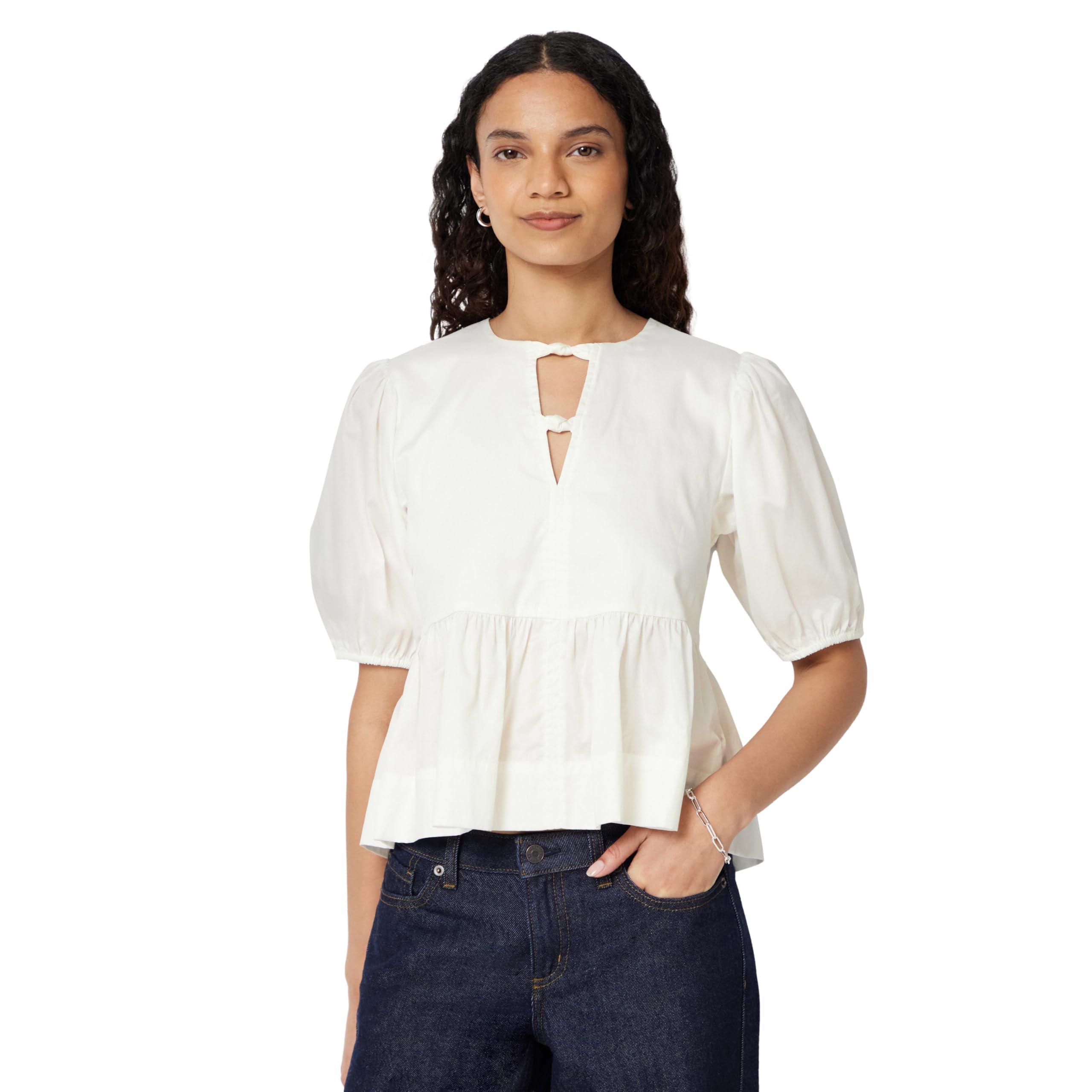 Amazon Essentials Mujer Blusa Peplum de satén de algodón de Ajuste Relajado