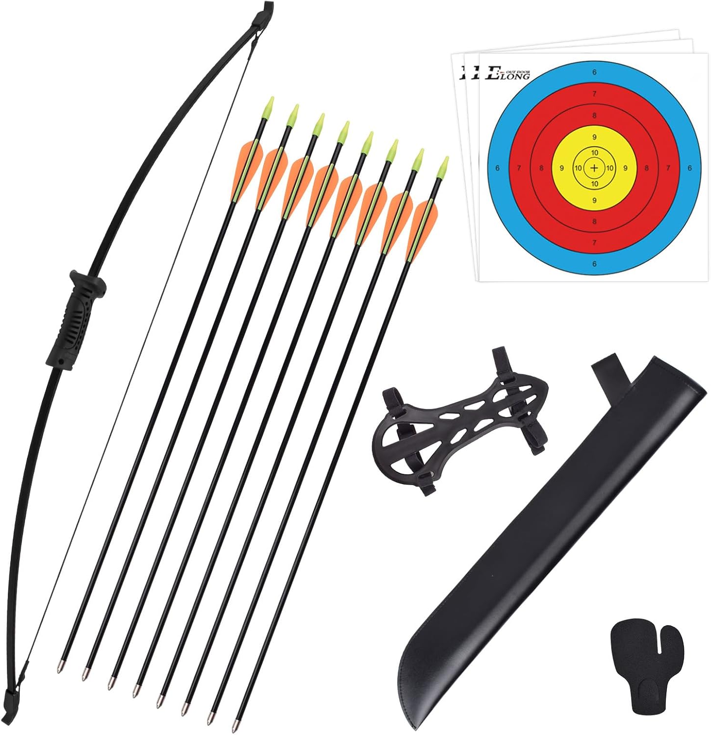 Recurve Bow and Arrow Set Outdoor Archery Beginner Training Includes 8 Arrows, Armguard, Quiver, Target Face, Finger Tab