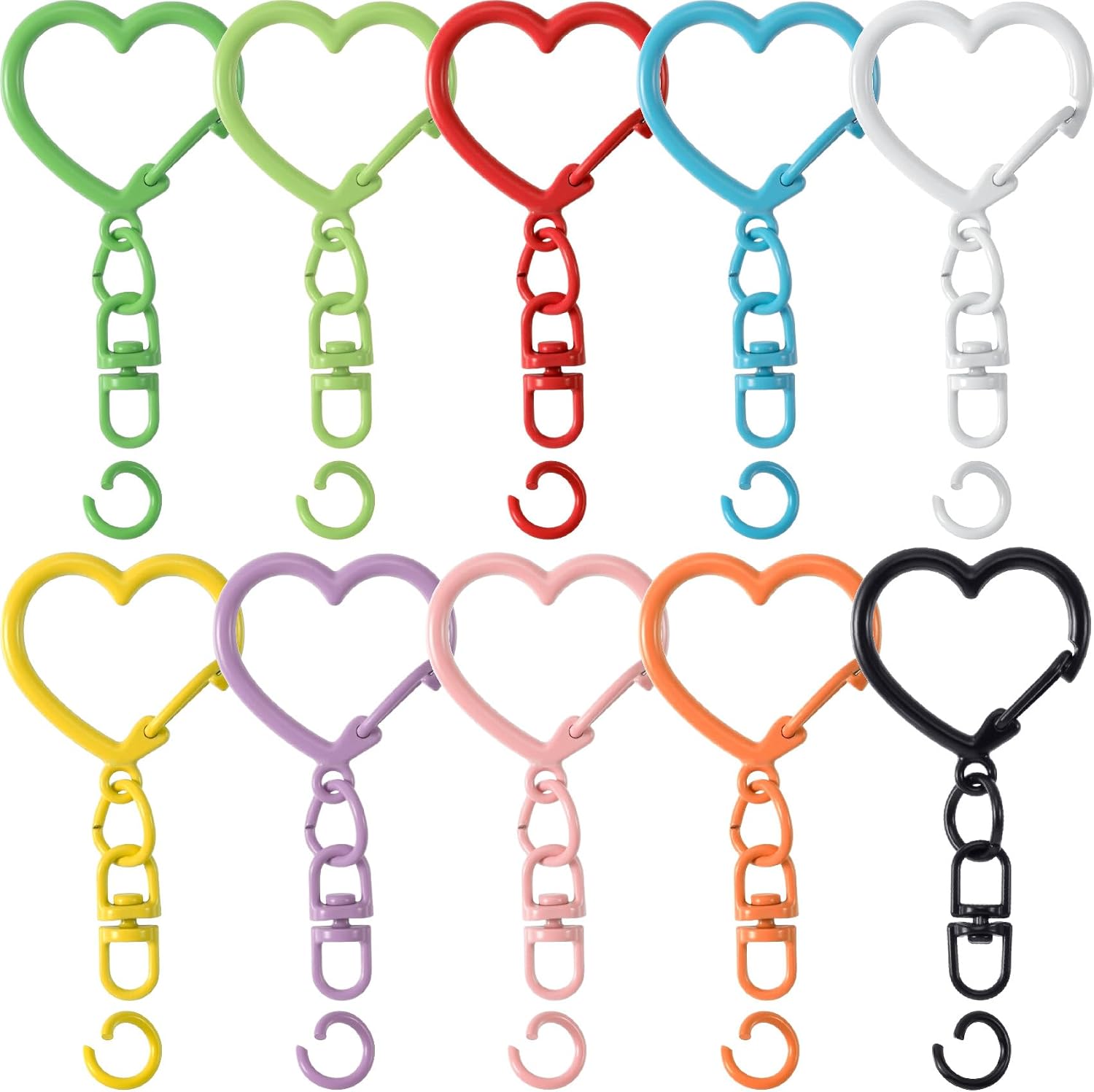 PAGOW 110pcs Colorful Heart Keychain Clip Set, 10pcs Metal Heart Carabiner with 100pcs Swivel Key Ring Open Jump Rings, Cute Keychain Hooks Clasps for DIY Crafts, Bag Charm, Lanyard, Keys - 10 Colors