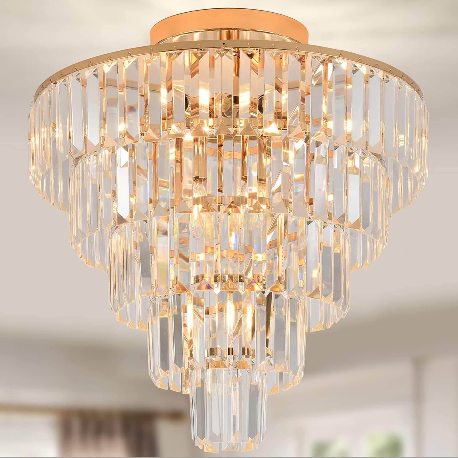 Modern Gold Crystal Chandeliers,5-Tier Round Semi Flush Mount Chandelier Light Fixture,Large Contemporary Luxury Ceiling Lighting for Living Room Diningroom Hallway, H20.5'' x D20''