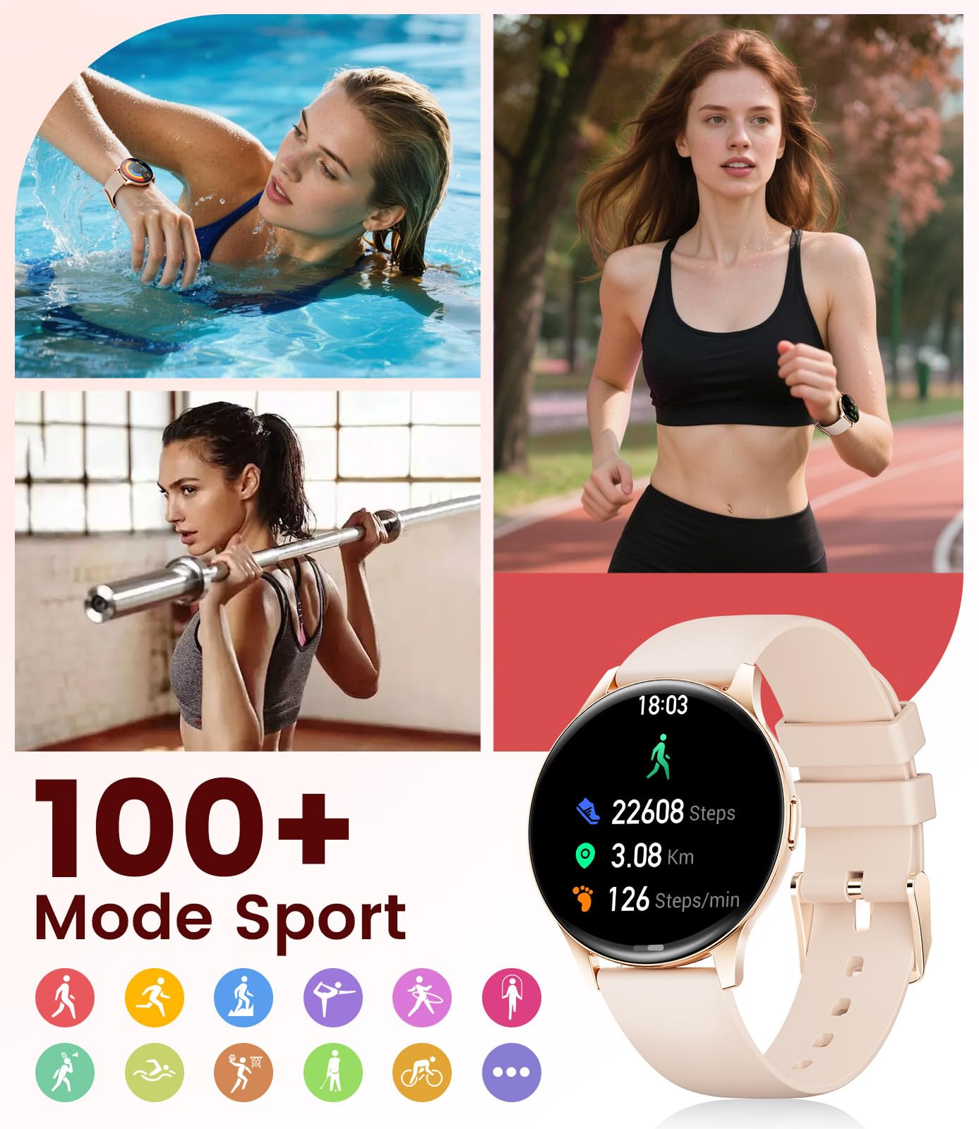 BENYAR SMART Montre Connectée Femme 1.43" HD, pour iOS/Android, Or Rose | Suivi du Cycle Menstruel, Santé 24h, Appels Bluetooth, 100+ Sports, IP68 imperméable, 300mAh Autonomie 7 Jours, 2 Bracelet