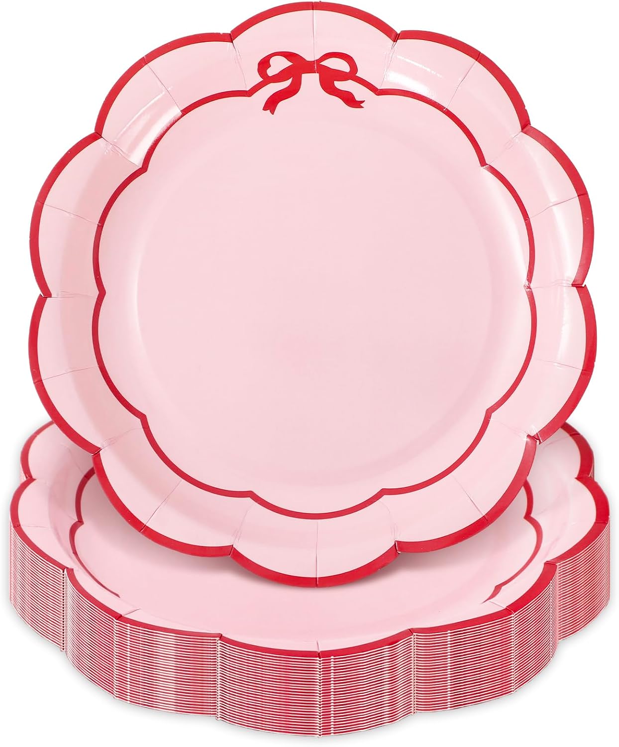 JarThenaAMCS 50 Pcs Scalloped Paper Plates 7 Inch Pink Plates with Red Bow Trim Disposable Decorative Plate for Christmas Baby Bridal Shower Wedding Birthday Party Supplies