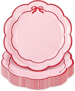 JarThenaAMCS 50 Pcs Scalloped Paper Plates 7 Inch Pink Plates with Rfed Bow Trim Disposable Decorative Plate for Baby Bridal Shower Wedding Birthday Party Supplies