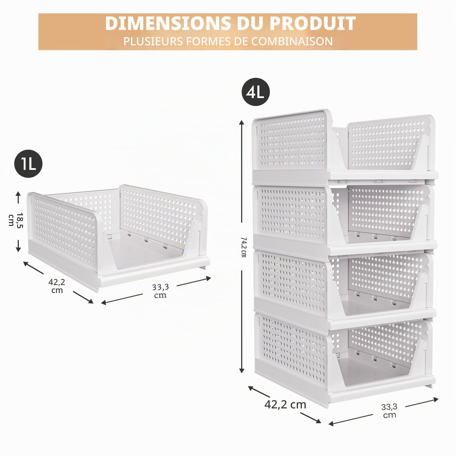 Lot de 4 Rangement Vetement, Organisateur Armoire Vetement, Boite de Rangement Empilable Plastique pour Placard, Chambre à Coucher, Salle de Bain, Cuisine(4 L), Blanc