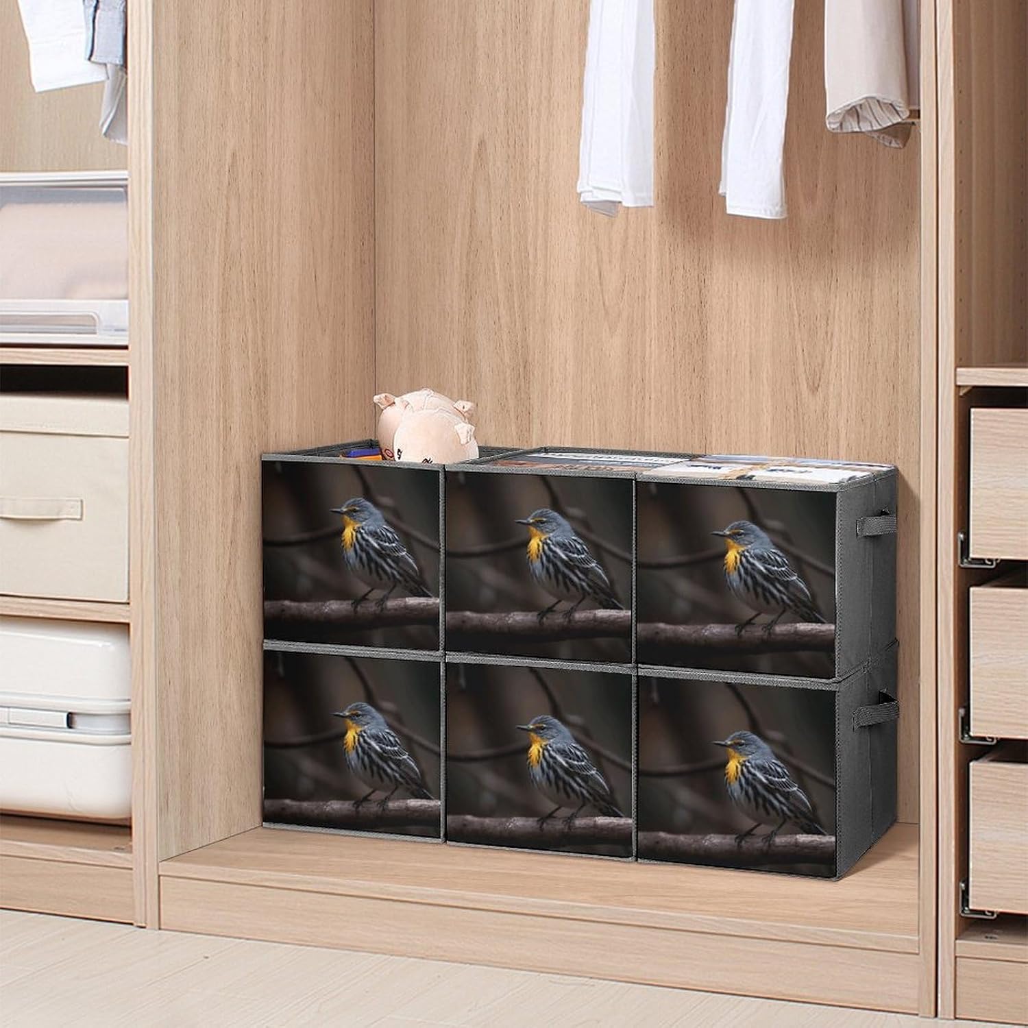 Bird Sitting on Branch Storage Cubes Set of 6 Storage Bins with Handles Collapsible Storage Basket Fabric Storage Box for Shelves Large Closet Shelf Organizer for Organization 11 Inch
