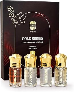 Ajmal Gold Series Attar Perfume Gift Set Pack of 4, Dubai Oud, Blu Moon, White Oud, Rose Gold - 5ml each Non-Alcoholic Att Price In India