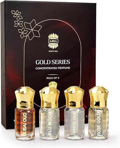 Ajmal Gold Series Attar Perfume Gift Set Pack of 4, Dubai Oud, Blu Moon, White Oud, Rose Gold - 5ml each Non-Alcoholic Att...