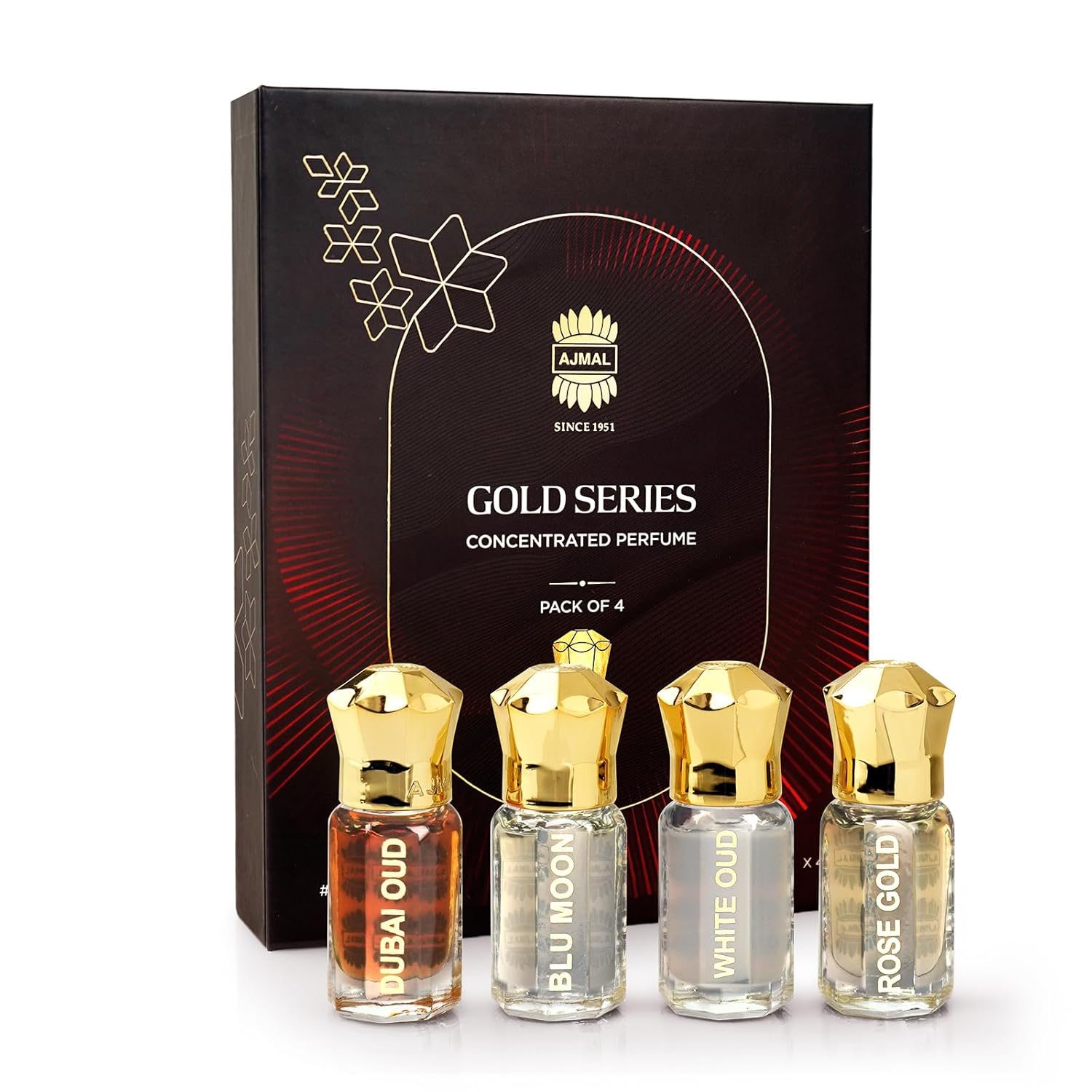 Ajmal Gold Series Attar Perfume Gift Set Pack of 4, Dubai Oud, Blu Moon, White Oud, Rose Gold - 5ml each Non-Alcoholic Att...