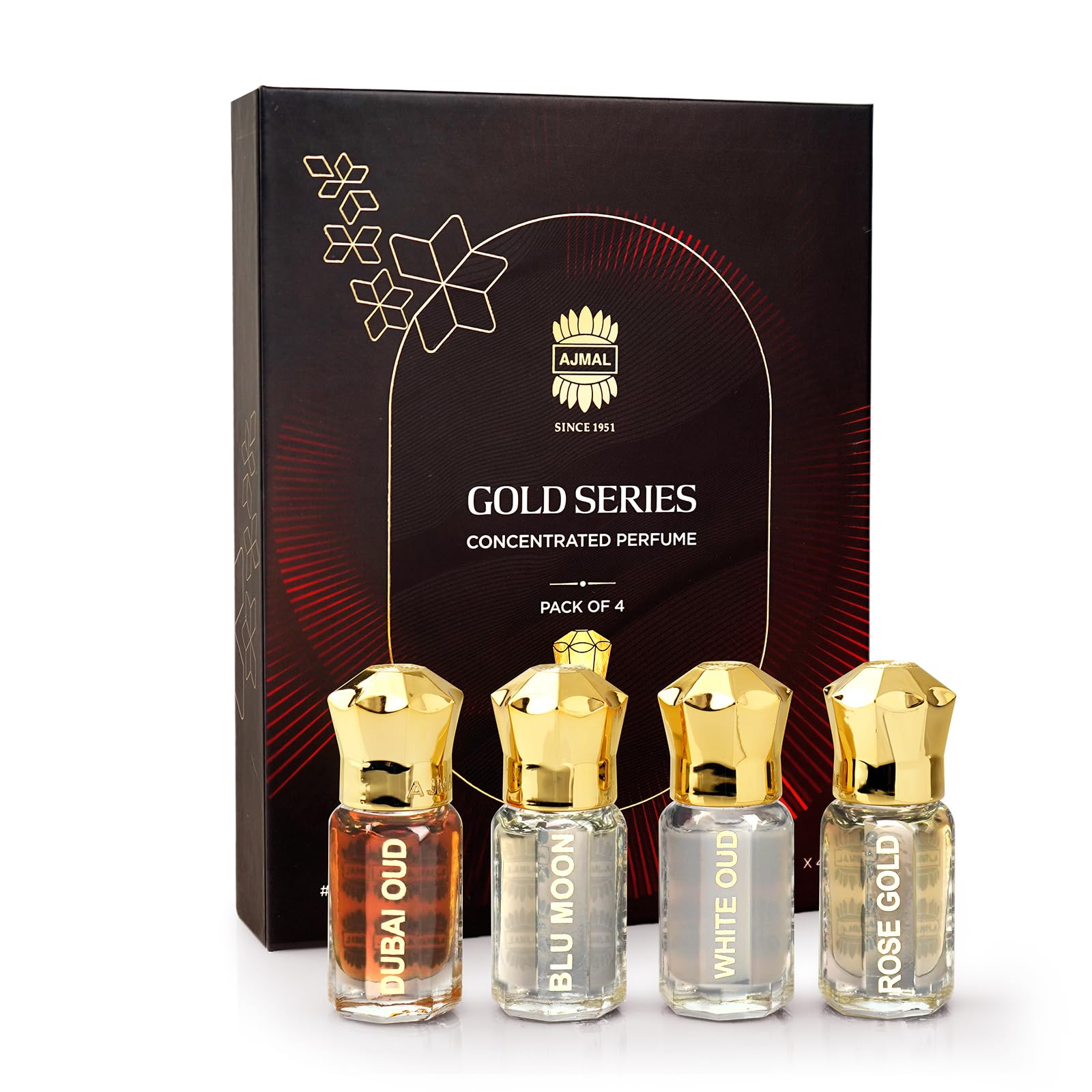 Ajmal Gold Series Concentrated Perfume Set, Pack of 4, Dubai Oud, Blu Moon, White Oud, Rose Gold