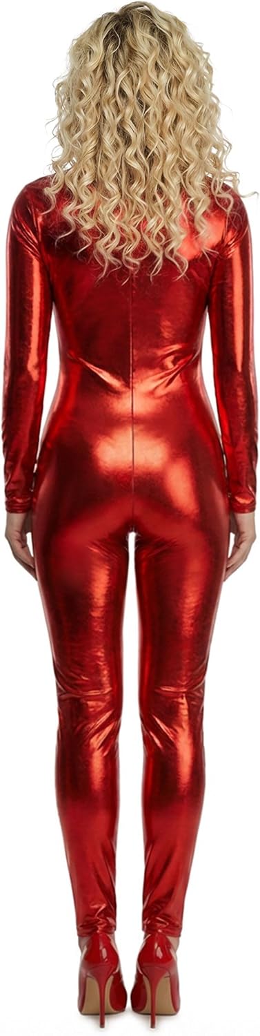 Fun Costumes Womens Red Metallic Bodysuit Costume | Adult Long Sleeve Front Zip Jumpsuit for Halloween, Dress Up Events
