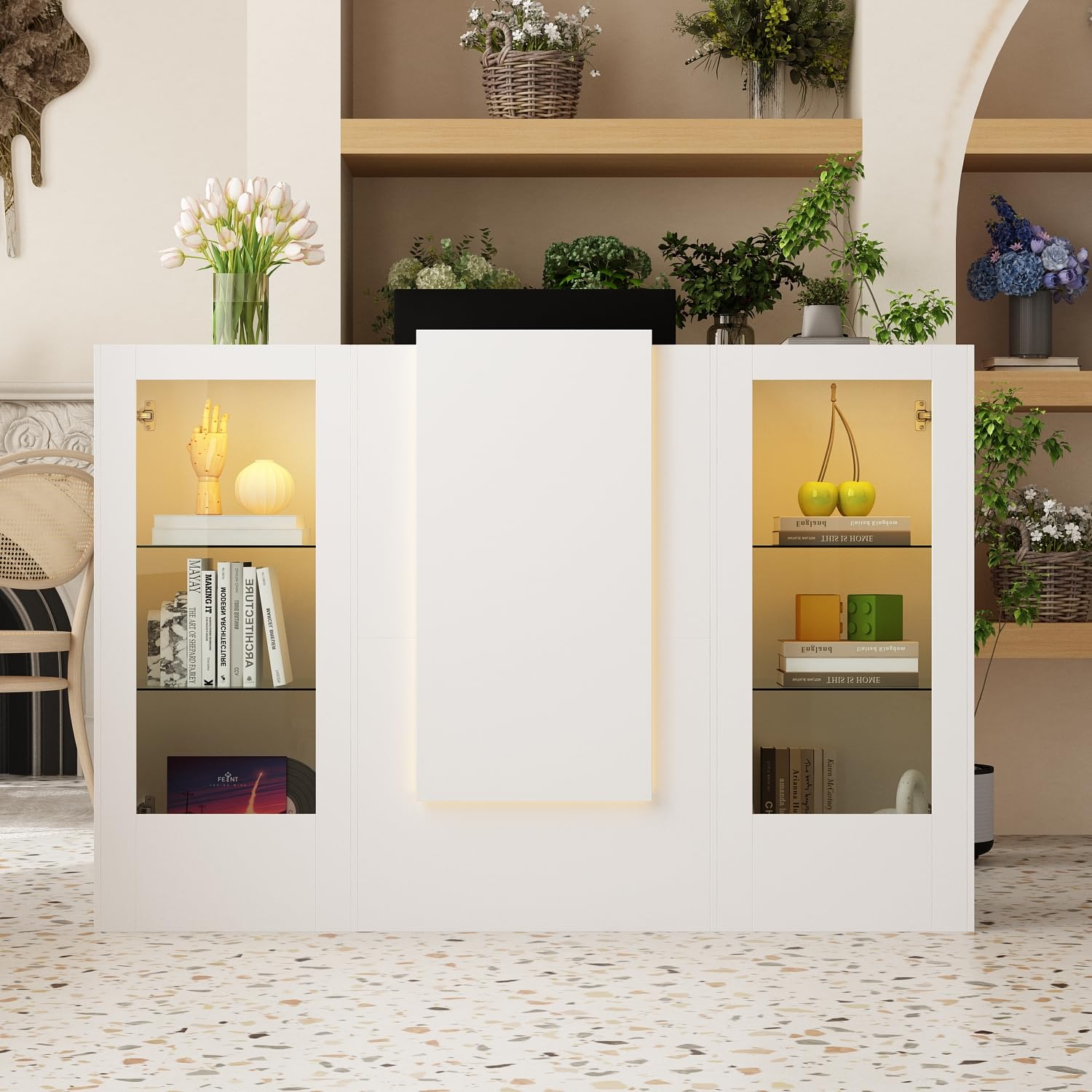 Mesa de recepción blanca con barra de luz, mostrador de recepción, mesa de recepción, mesa de recepción, mesa de recepción con 2 armarios y 1 cajón de teclado, 150 x 52 x 100 cm, color blanco