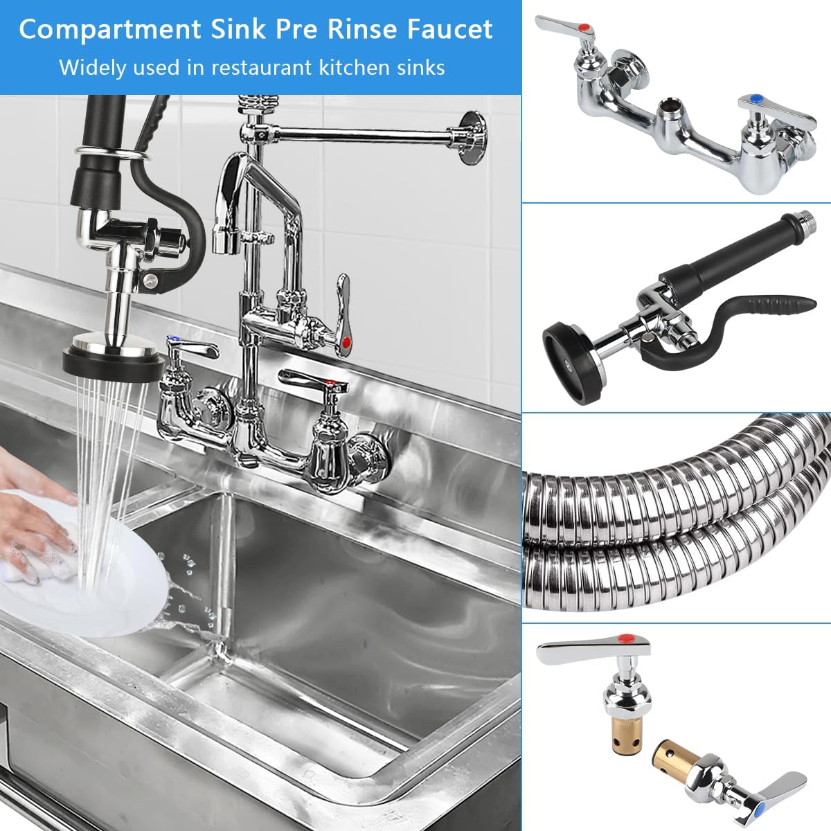 COOLWEST Commercial Pre-Rinse Faucet 8" Center Wall Mount Kitchen Faucet with 12” Add-on Swivel Spout 25” Height Commercial Sink Faucet and Pre Rinse Sprayer Brass Constructed