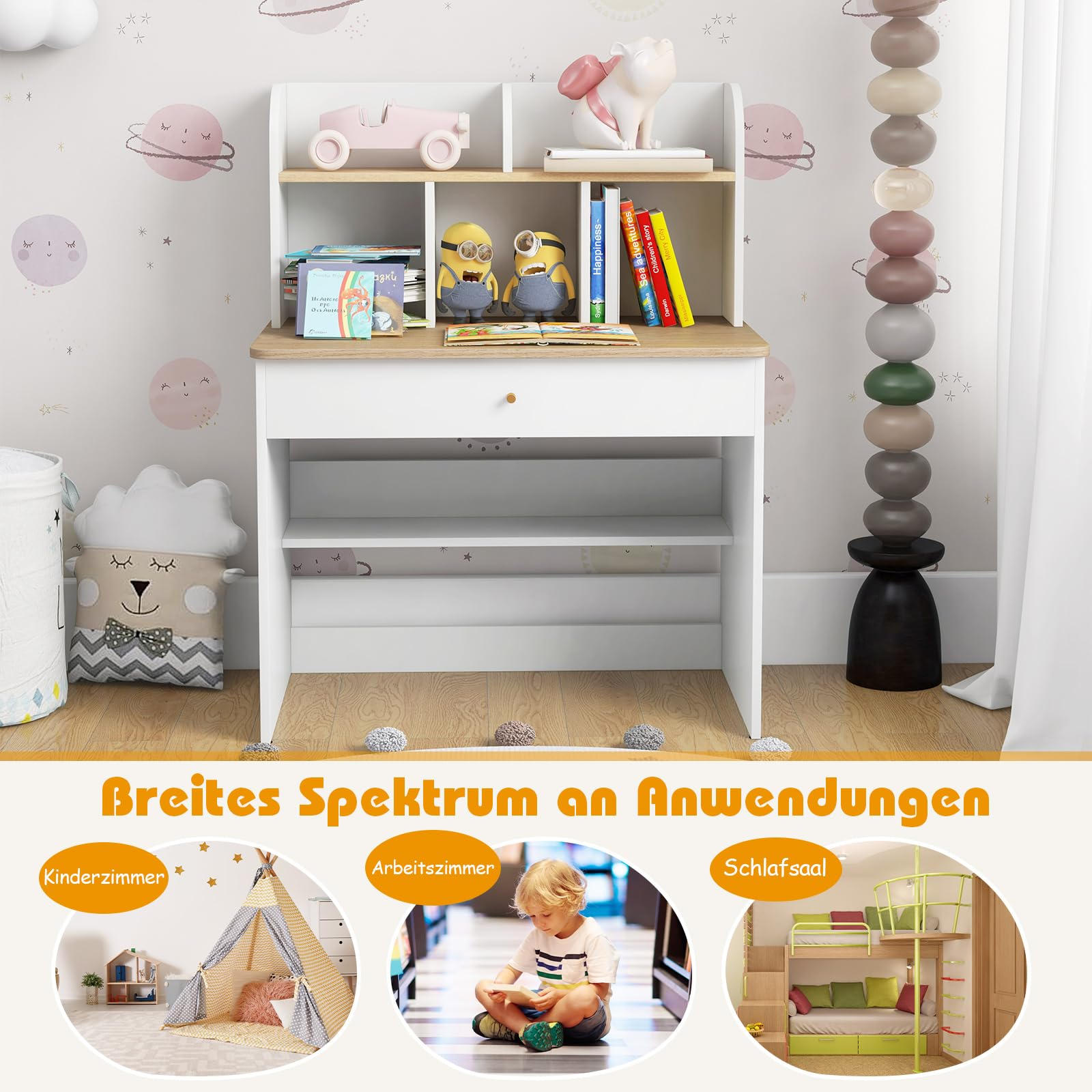 COSTWAY Schreibtisch Kinder, Kinderschreibtisch aus Holz, Schülerschreibtisch mit Schublade & Ablagefach, Jugendschreibtsich mit Stauraum, Kleiner Kindertisch für Kinder ab 3 Jahren (Natur)