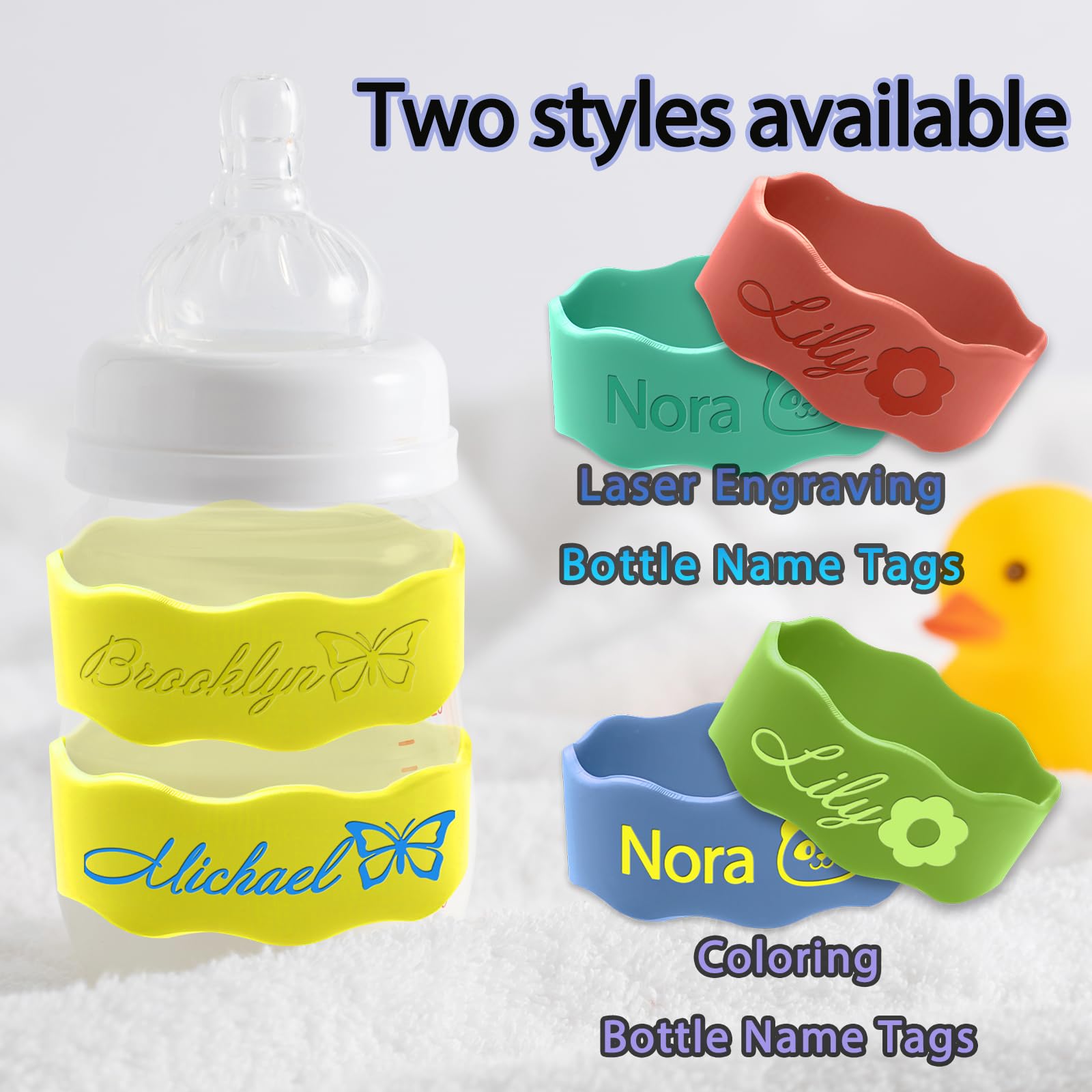 Personalized Water Bottle Name Bands Custom Engraved Silicone Labels Customized Silicone Baby Bottle Labels for Daycare Reusable Baby Bottle Straps for Kids Cups School Waterproof-Yellow