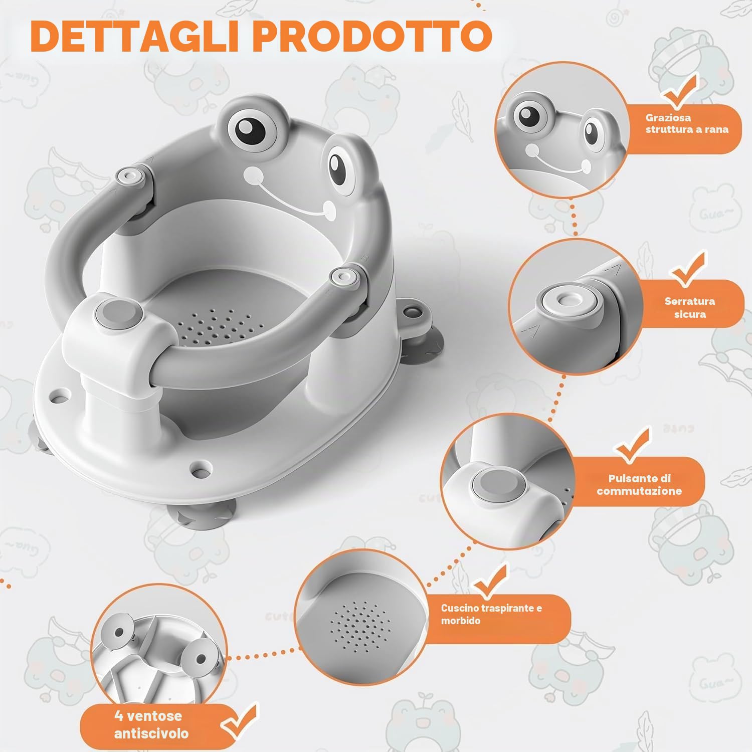 Seggiolino Doccia Bimbo, Seggiolino per Vasca da Bagno per Bambini a Partire da 6 Mesi, Seggiolino da Bagno Antiscivolo con 4 Potenti Ventose,per Doccia o Vasca(Grigio)