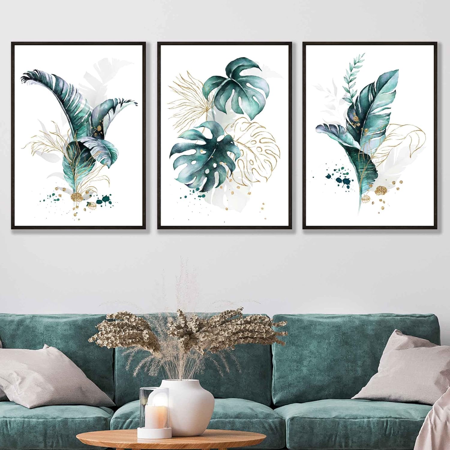Artze Wall Art Tropical Leaves Wall Art Prints 3Piece Set, 50 cm Width x 70 cm Height, Teal