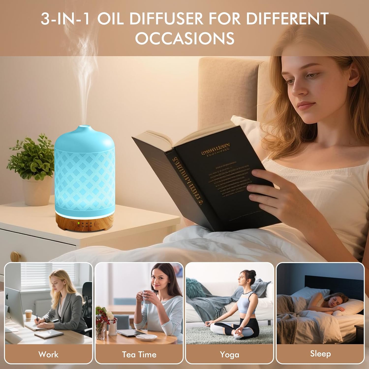 Essential Oil Diffuser 200ml-Ultrasonic Aroma Diffuser with 4 Timers, Aromatherapy Diffuser 7 Color LED Lights with Auto Shut-Off Protection for Home Office Yoga Valentine Gift (Ceramic White) - Image 5