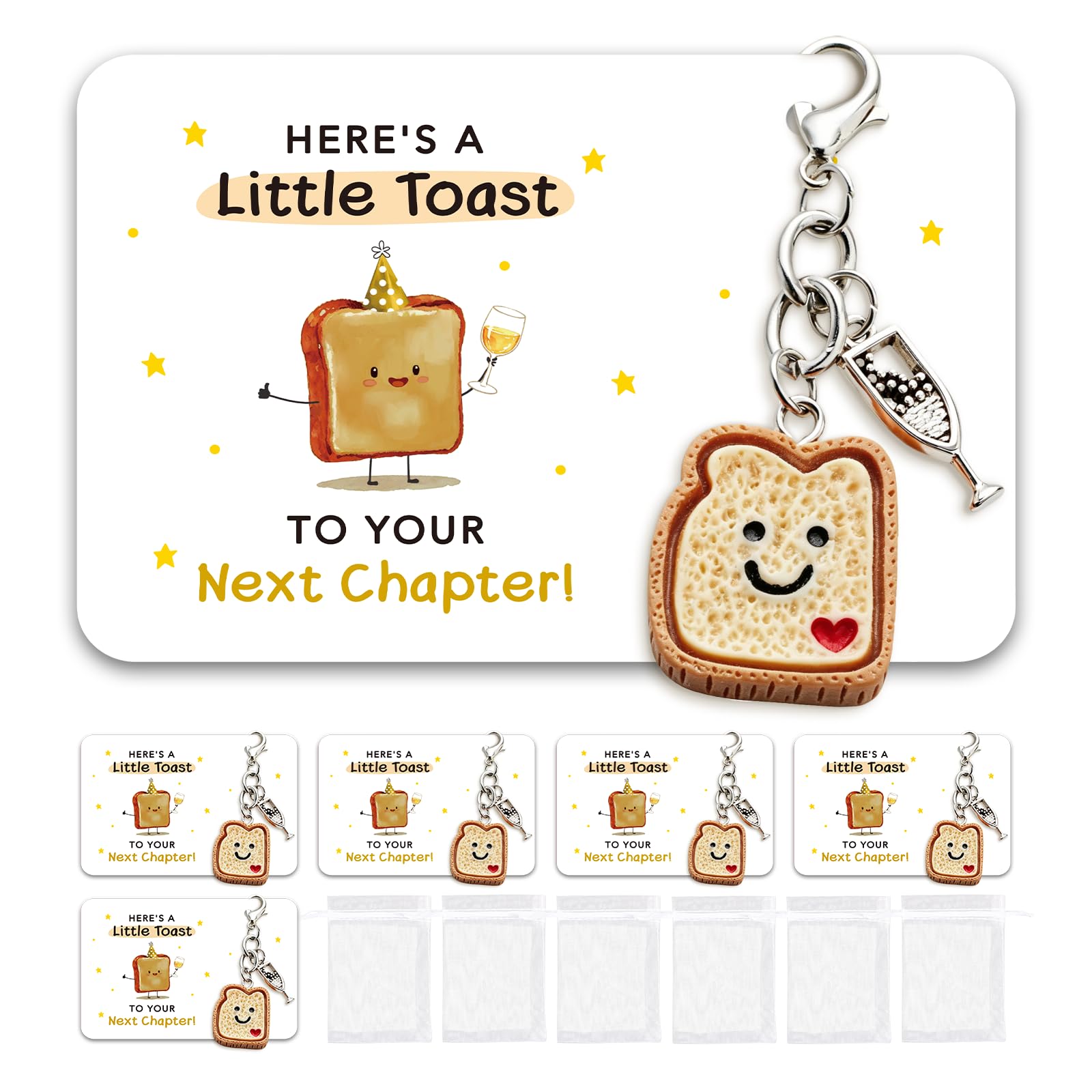 DOORIO 6Pcs Next Chapter Keyring Gifts, Simulation Bread Toast Keychain with Card Good Luck New Beginnings Gifts for Women Goodbye Leaving Gift for Friends Colleagues Farewells