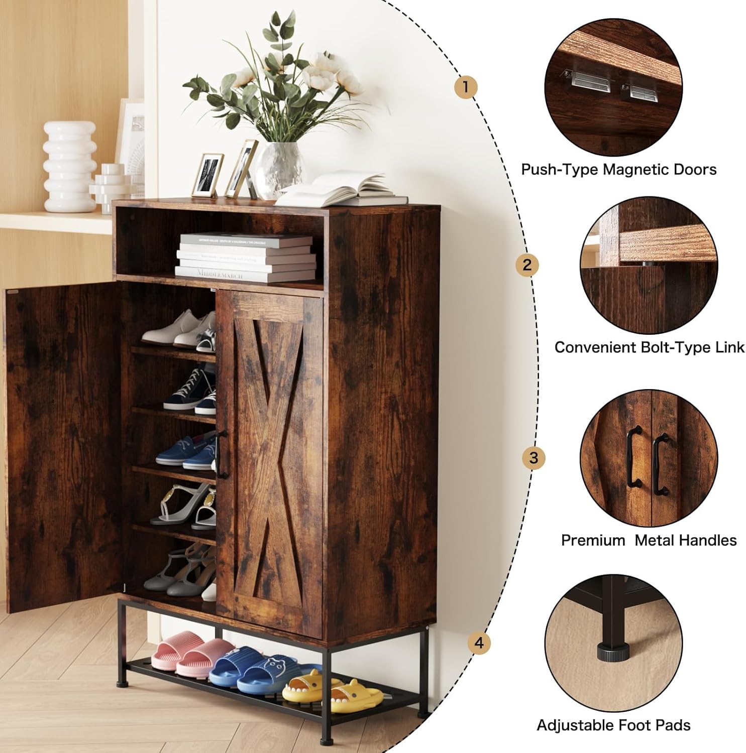 Large 24-Pair Shoe Cabinet with Doors, 7-Tier Wooden Shoe Rack with Removable Shelves, Freestanding Entryway Storage Organizer, Hallway Closet Solution, Rustic Brown