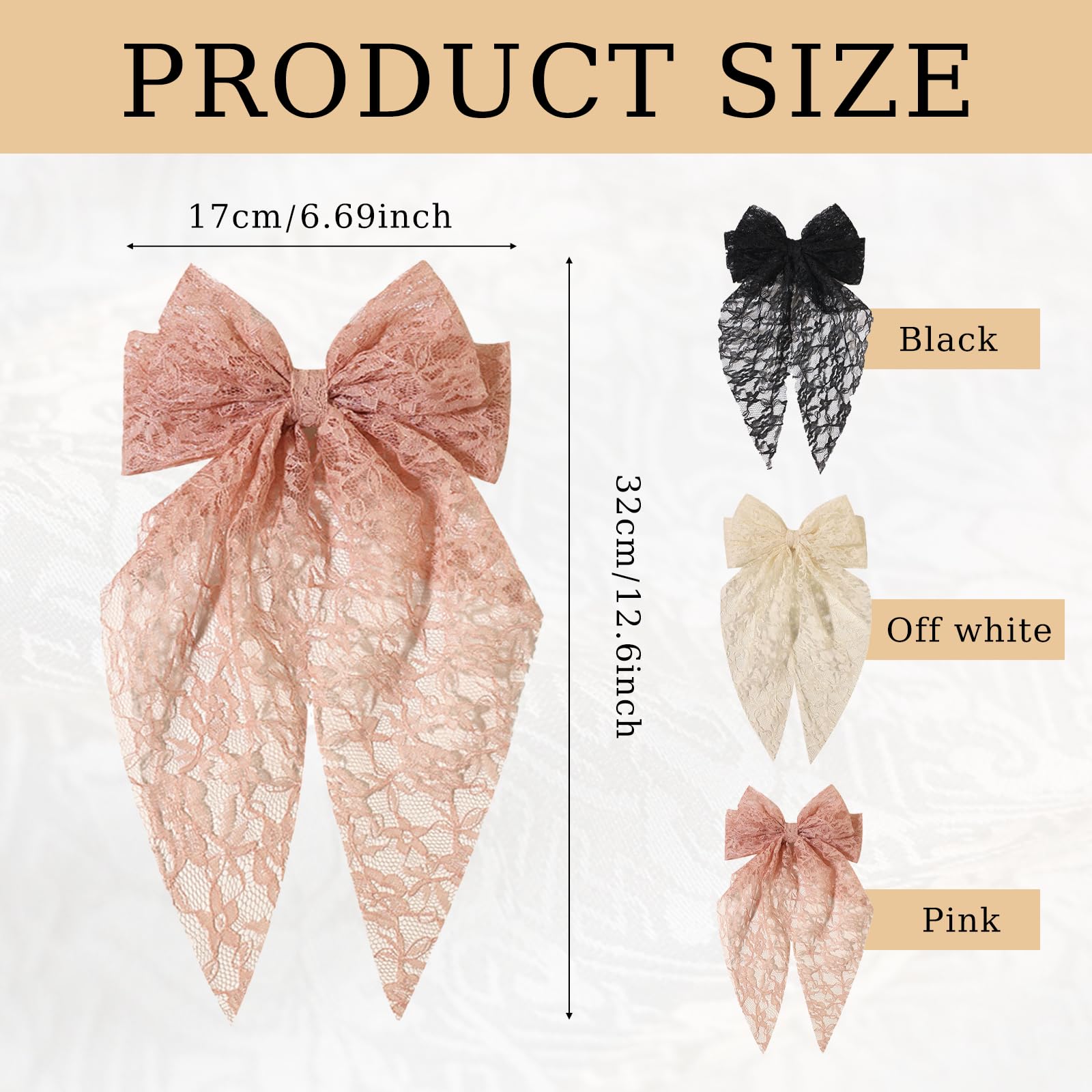 AYNKH 3PCS Lace Big Bow with Long Silky Satin, Soft Double-Layer Gentle Hair Clips, Solid Color French Barrette - Image 2