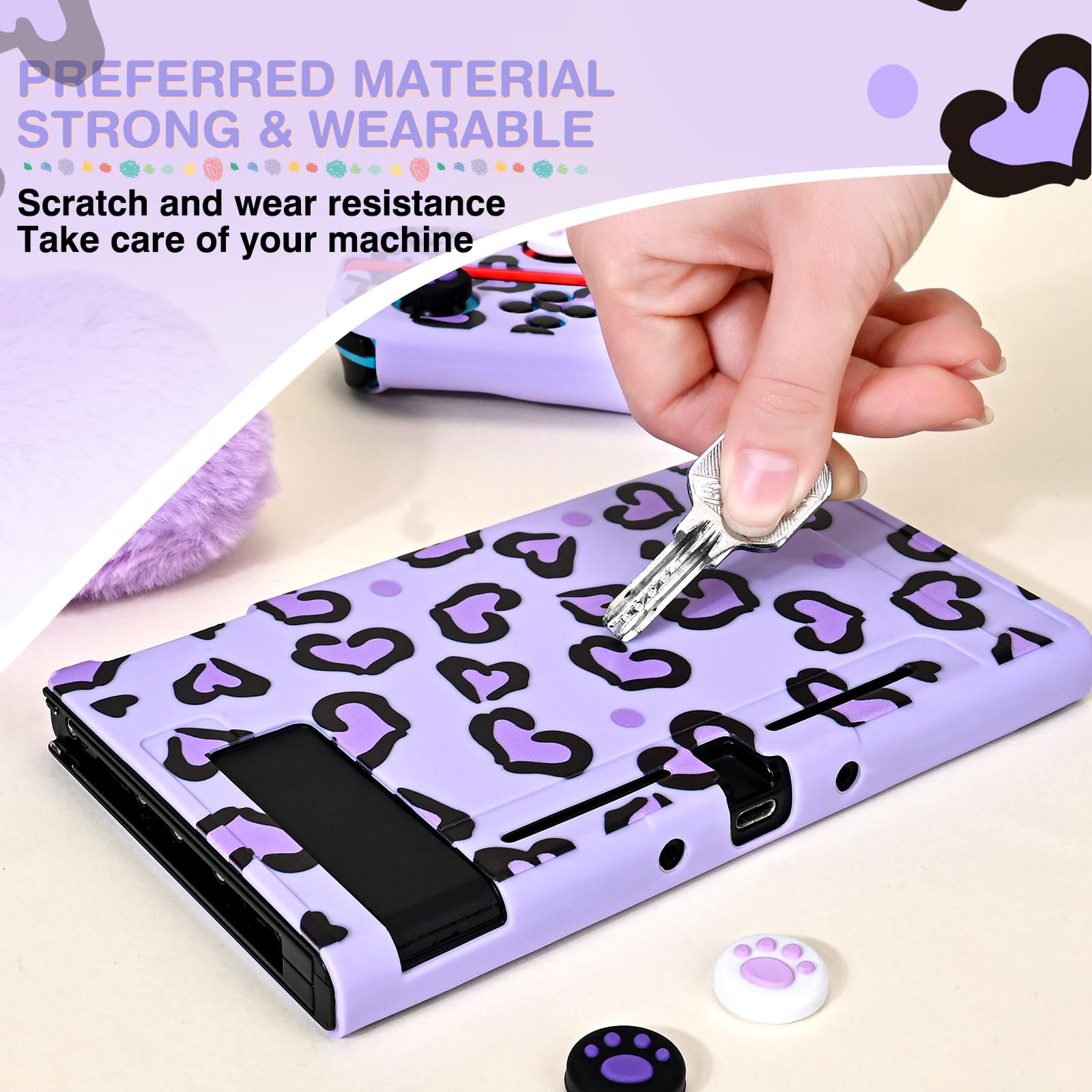 DLseego Étui de Transport pour Nintendo Switch, Housse de Transport et Coque Souple avec 4 Capuchons Joystick, 1 Breloque en Peluche en Forme de Cœur, Violet