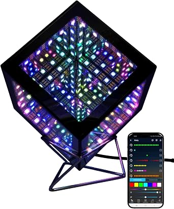Infinity Mirror Hyper Cube Table Lamp, Desk Art Night Light, Color-Changing Music-Sync APP-Controlled Ambient Light for Gaming, Party, Home, Gift Small 4Inchs