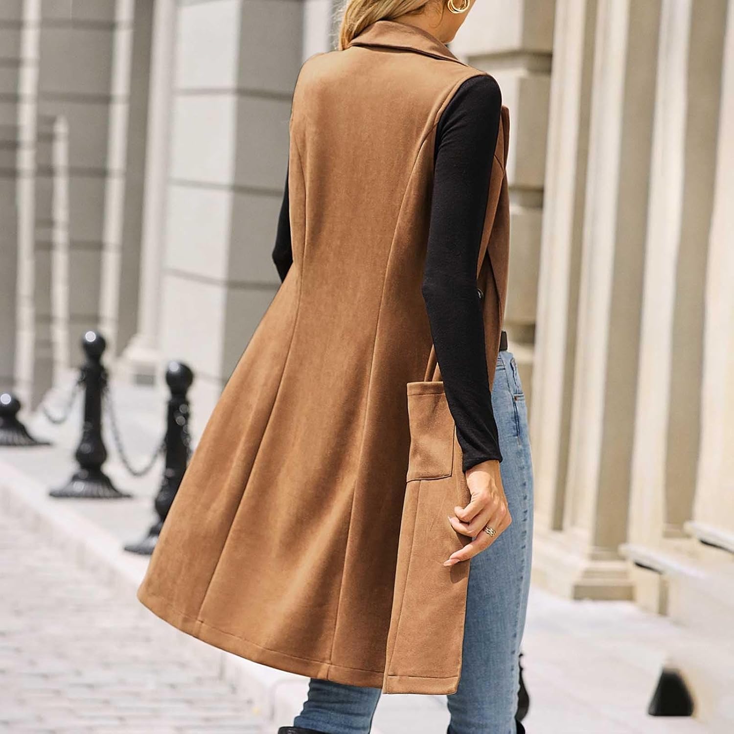 Women's Sleeveless Suede Long Vest Casual Lapel Open Front Duster Vest Casual Fashion Work Vests with Pockets - Image 3