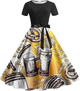 2025 - Vestido informal de verano para mujer, cuello redondo, manga corta, cinturón extraíble, estampado Oktoberfest, vestido informal, vestido de verano para mujer, hasta la rodilla, flores