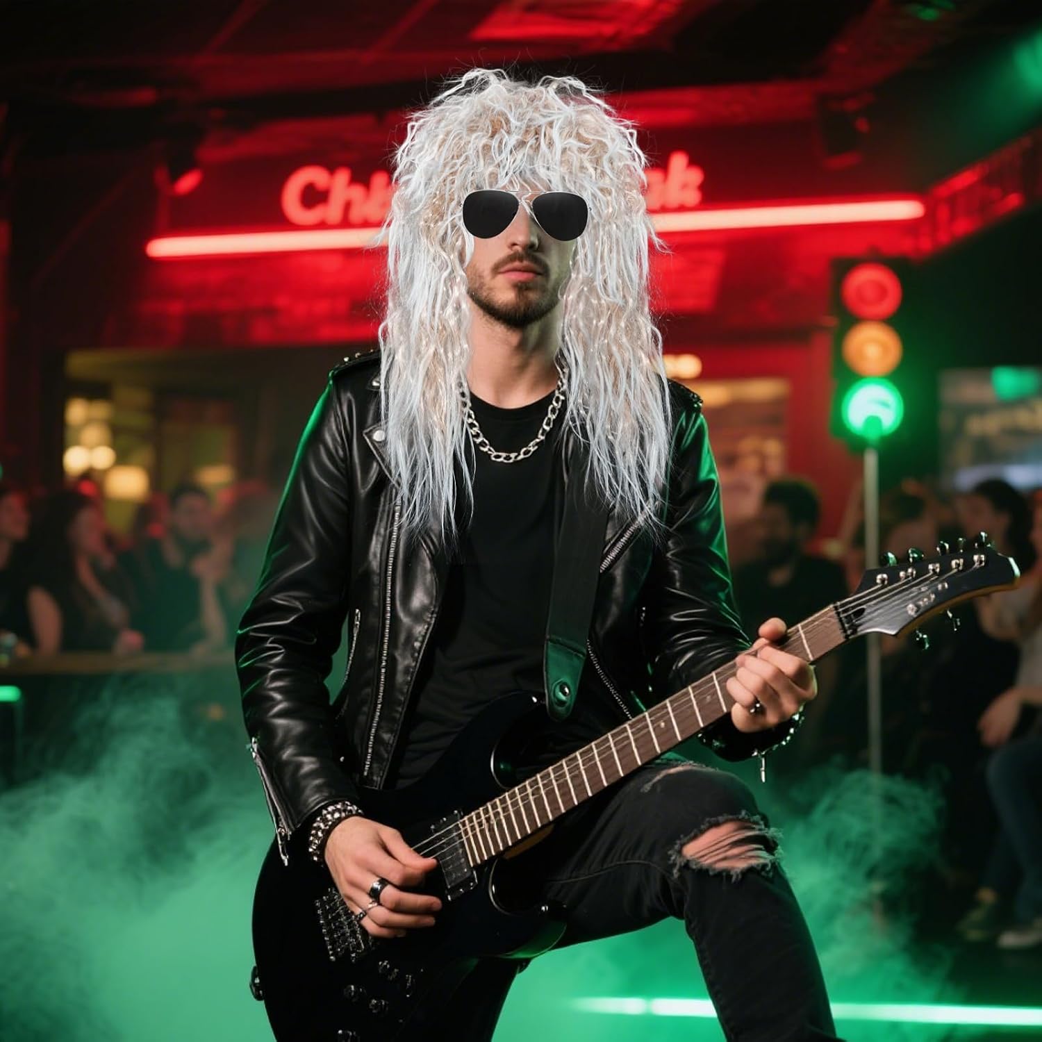 Gvhntk 80s Mullet Wig for Men Women Rock Disco Wigs Long Brown Curly Punk Rock Hair Wig 70s 80s Costumes for Halloween Cosplay Party