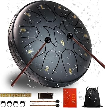 Eavnbaek Rain Chime Drum - 11 Notes 6.5 Inch Rain Drum for Outside Garden, with Bag, Music Book, Drumsticks, Mallet Holder and Finger Paddles, Steel Tongue Drum for Adult Gift Black