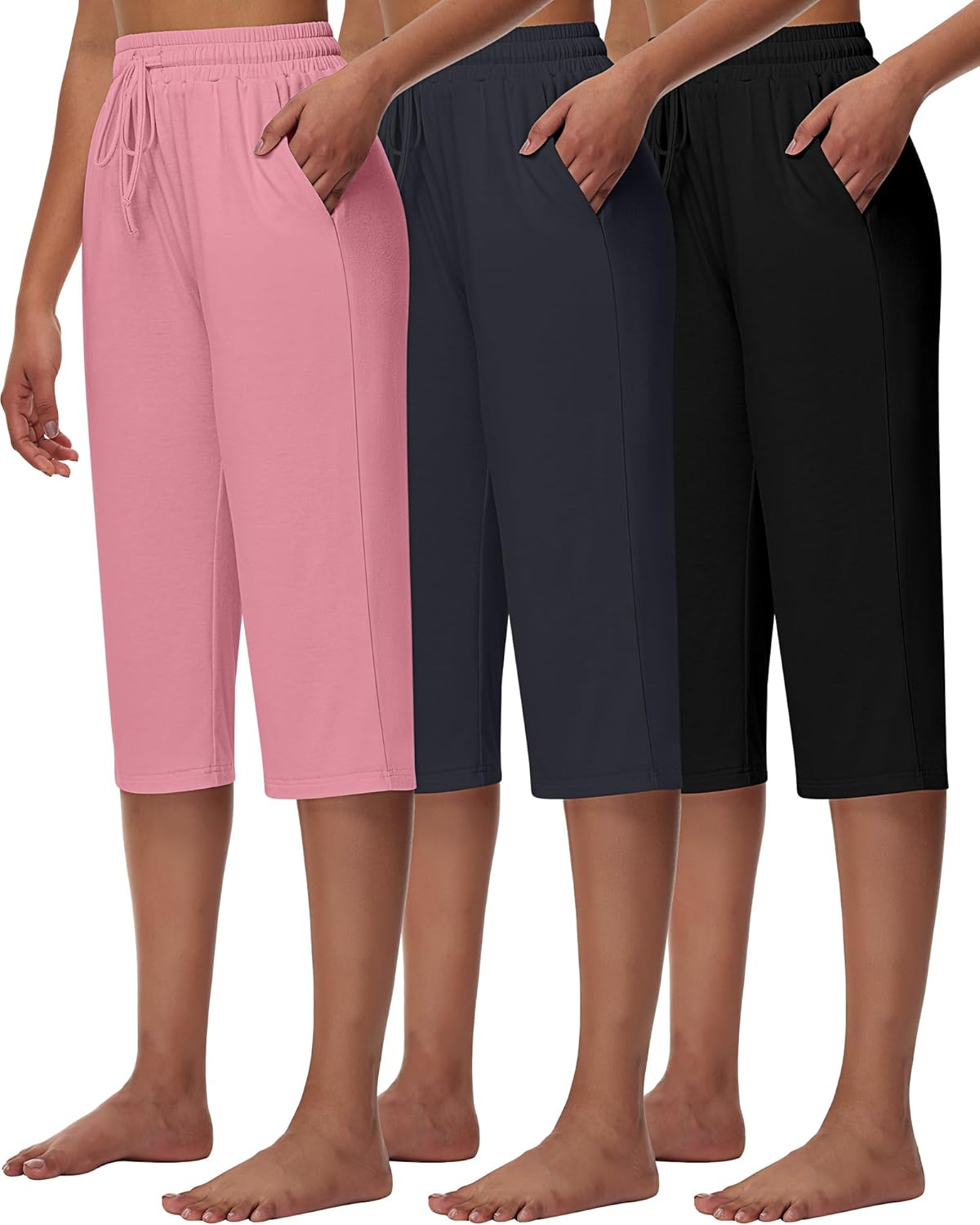 Huukeay 3 Pack Women’s Capri Sweatpants, Cozy Lounge Drawstring Capris with Pockets Wide Legs Jogger Workout Yoga Pants