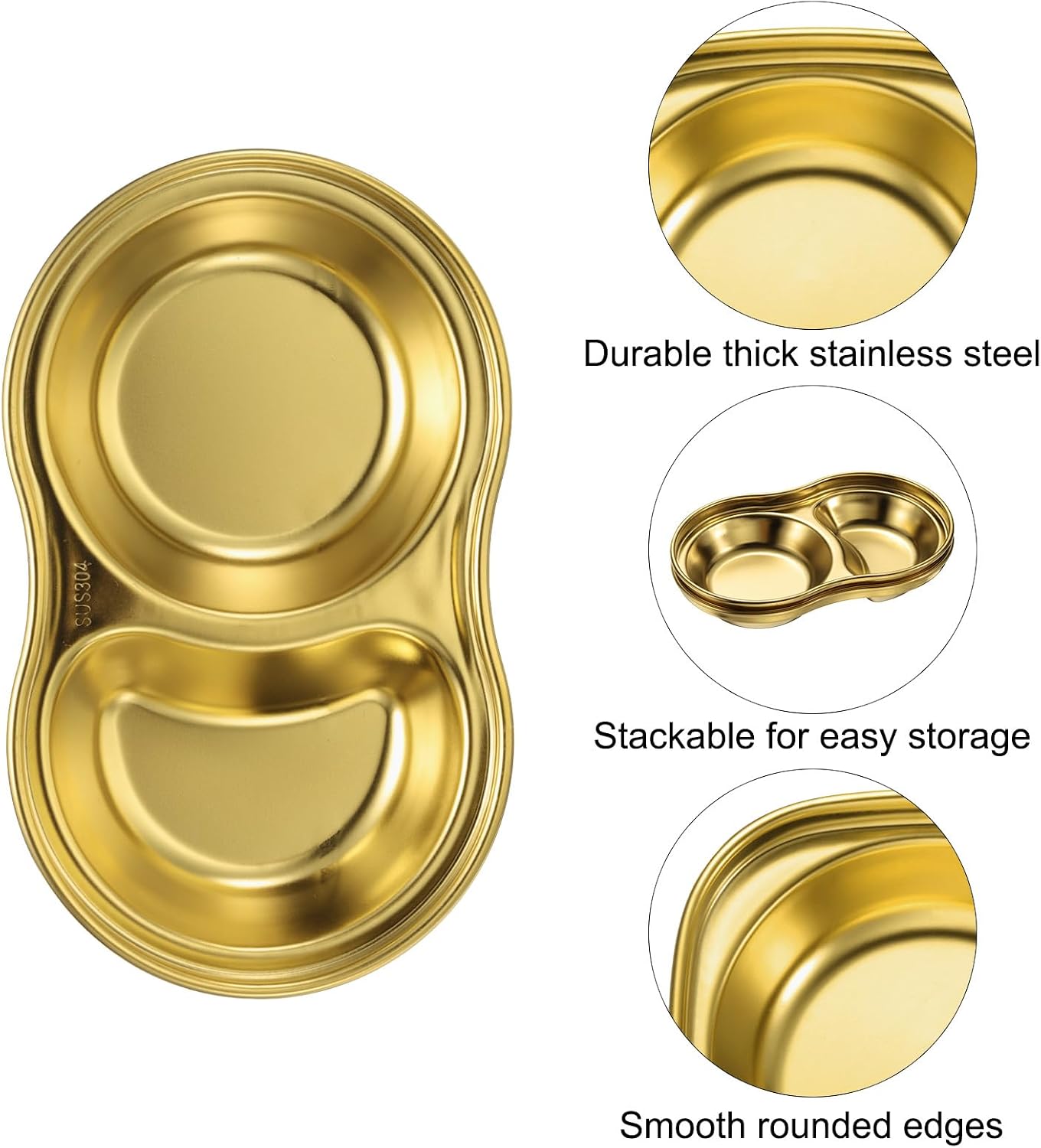 uxcell 4 Pack Stainless Steel Dish Dipping Bowls with 1 Round Compartment Divided, Metal Seasoning Plate Dipping Bowl for Condiment Home Party Restaurant Picnic Travel, Gold image 3