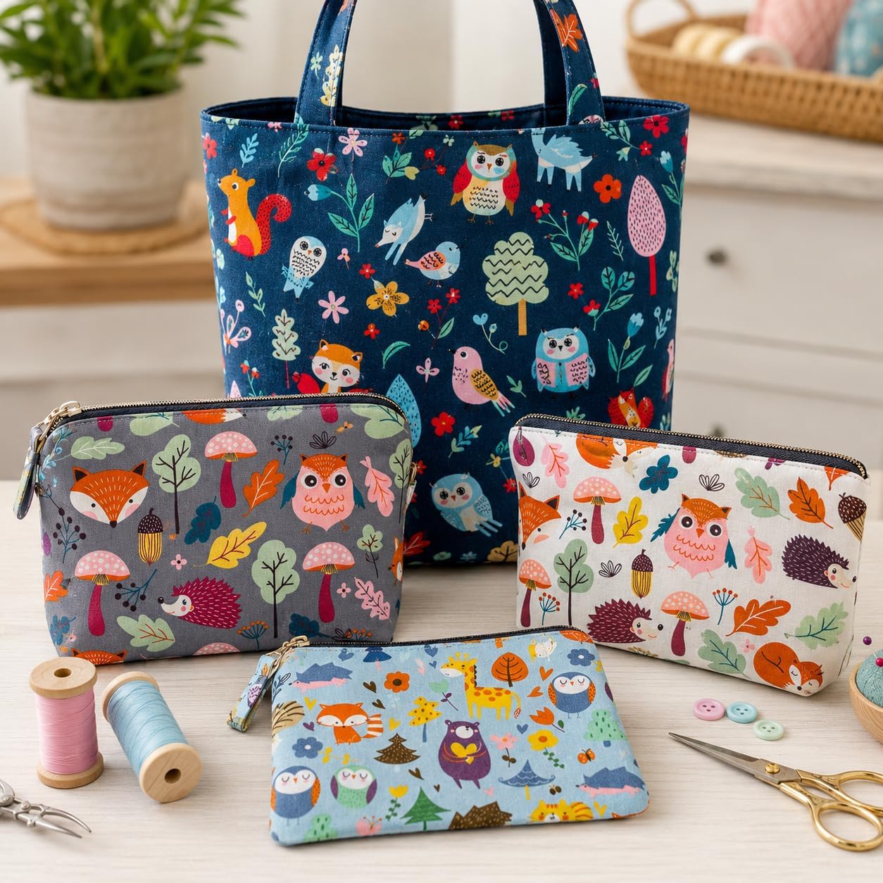 DMFR Woodland Animal Fabric Squares 5 x 5 Inch, 42 Pcs Cotton Precut Quilting Fabric Charm Pack, Forest Fox Owl Hedgehog Mushroom Quilt Squares for Kids Sewing, Patchwork, DIY Crafts