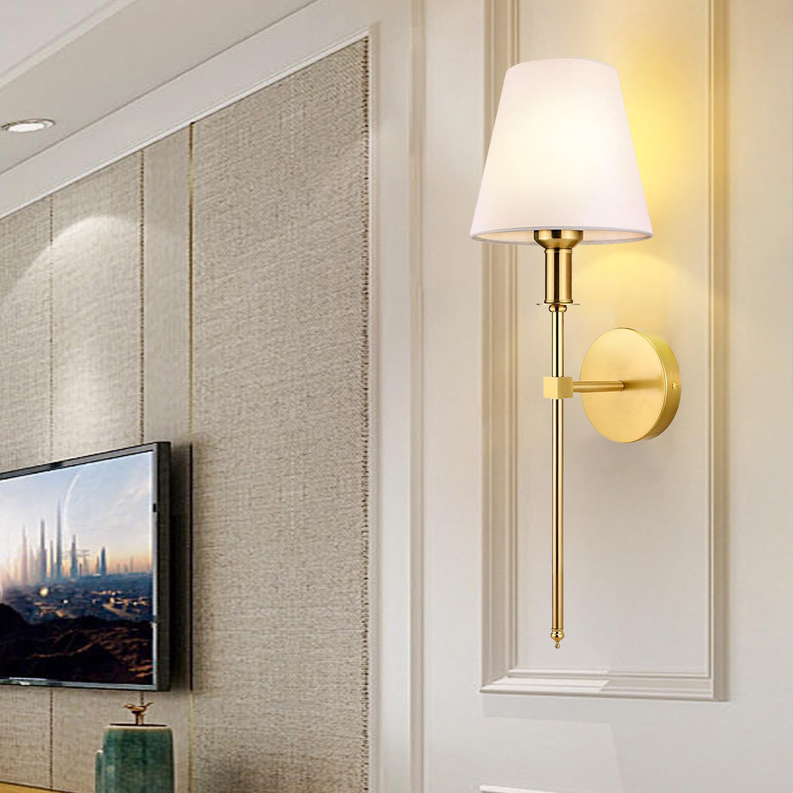 LED Apliques de Pared Interior con Mando Distancia Regulable RGB Lámpara de Pared Recargables USB Iluminación de Pared con Pantalla de Tela para Dormitorio Salón Pasillo (Círculo Dorado,1 Pieza)