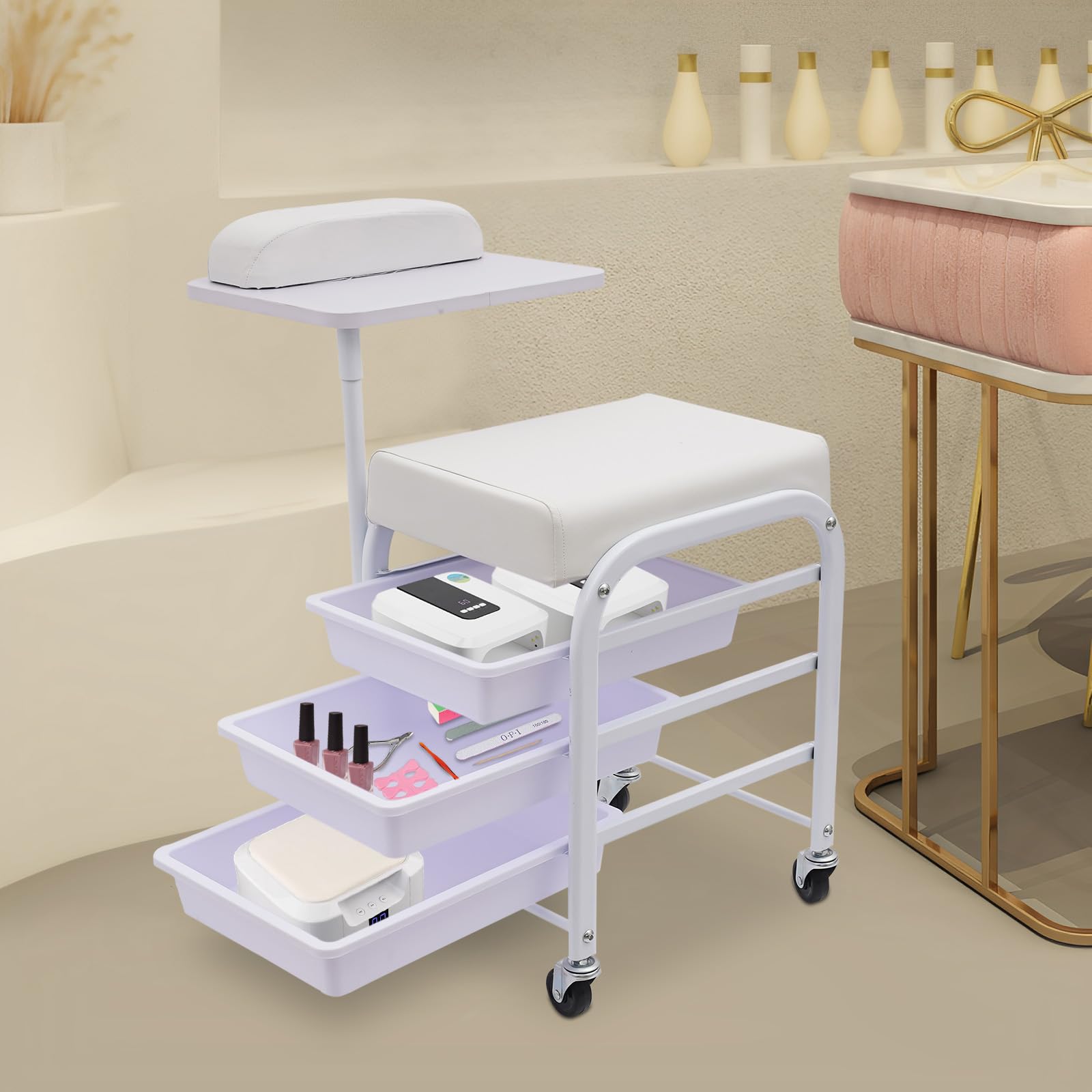 Chariot de Manucure Pédicure 3 Niveaux avec 4 Roulettes et Bain de Pieds Portable