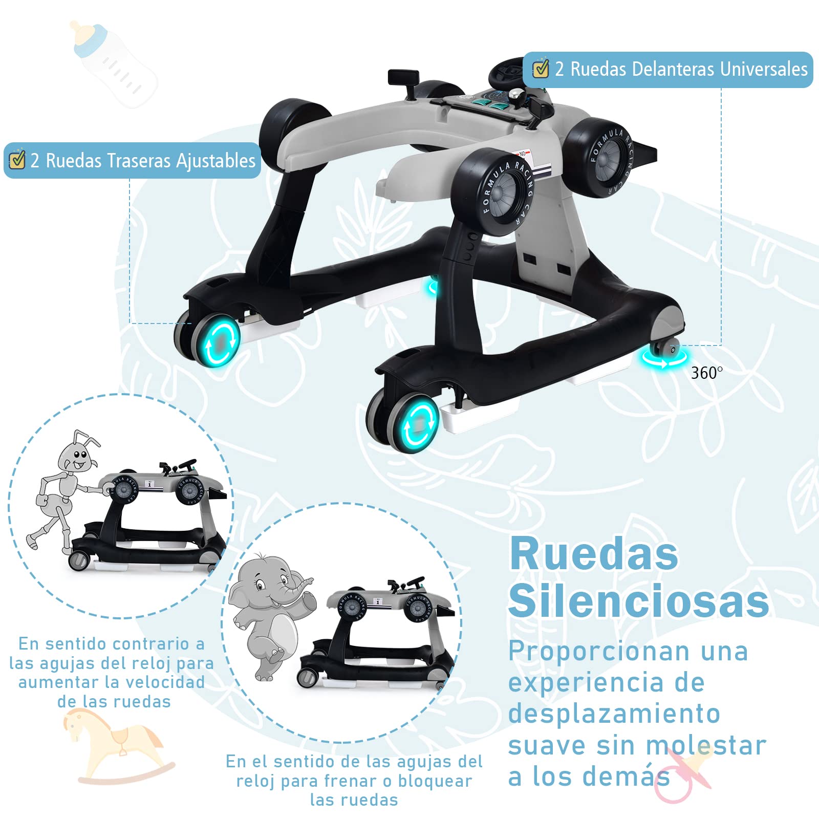 COSTWAY 4 en 1 Andador Bebes, Tacata Bebe Plegable con Altura y Velocidad Regulables, Carillón con Luces, Volante y Asiento con Cojín, Diseño Antivuelco, Caminador para Bebe de 6-18 Meses - 3