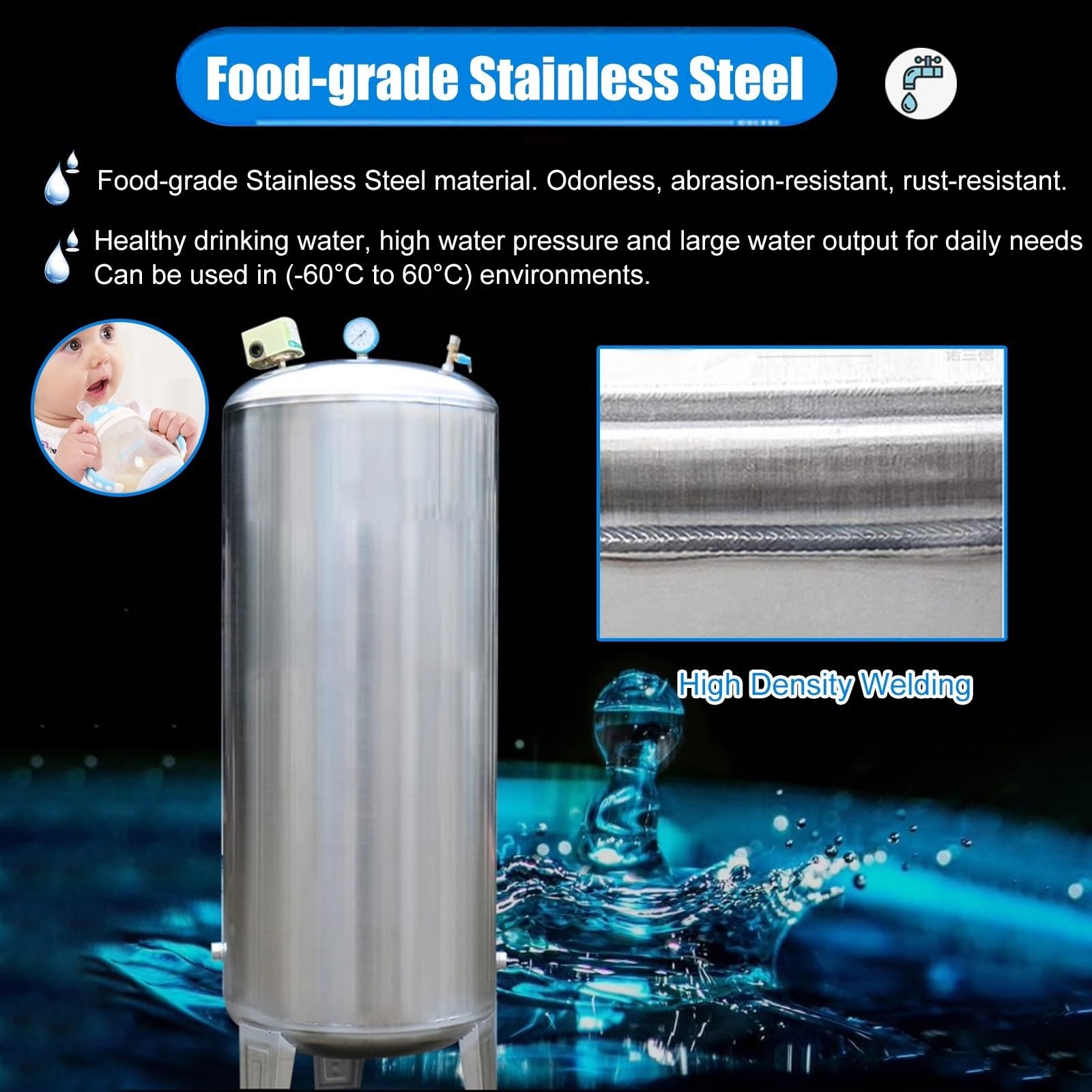 Druckbehälter Druckkessel Druckwassertank Aus Edelstahl 304 für Haushalt, Gewerbe Und Industrie, Vertikaler Wasserspeichertank mit Manometer(26.4Gal/100L)
