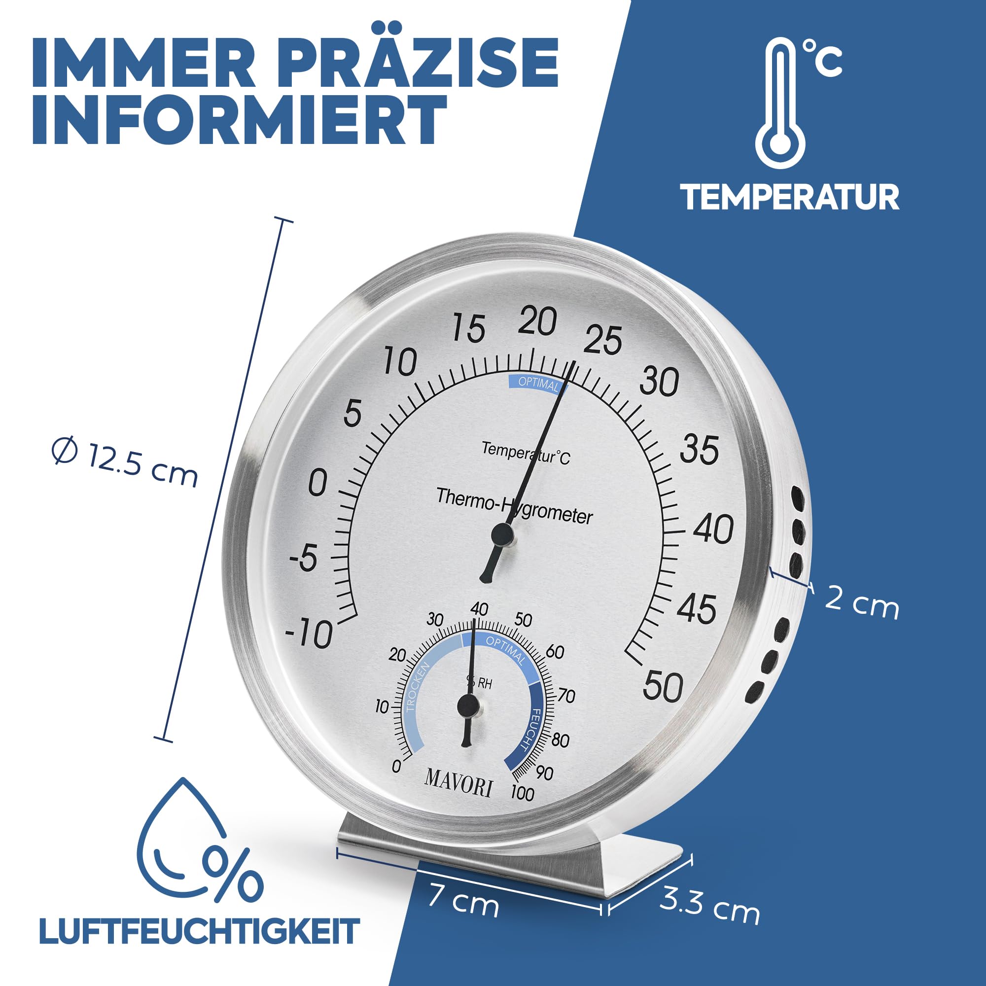 2in1 Thermometer & Hygrometer aus Edelstahl | Analog Hygrometer & Thermometer | Luftfeuchtigkeitsmesser & Raumthermometer innen für Ihr gesundes Raumklima | Ø 12,5cm