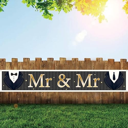 Vista 5 de INNORU Cartel grande con texto en inglés "Mr & Sr", letrero de fondo para fiesta de boda gay, cartel de jardín para hombre, despedida de soltera