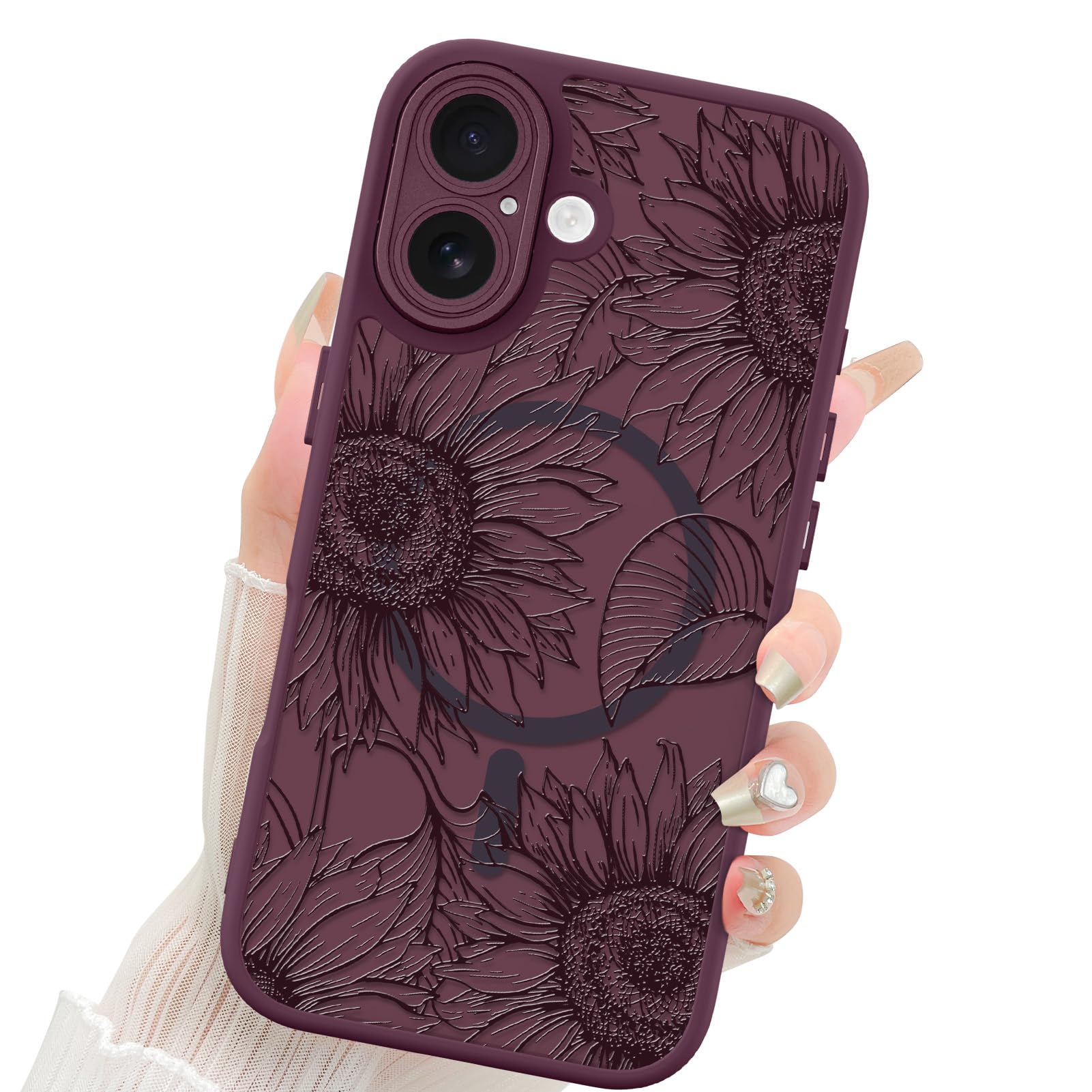 Fiyart Custodia magnetica per iPhone 16 Plus con fiori floreali, girasole
