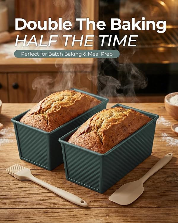CARTMAN Bread Loaf Pan 2 Pack, 9x4 Pullman Loaf Pan with lid and a Silicone Spatula and Basting Pastry Brush, 1 lb Dough Capacity,Non-Stick Carbon Steel bread pans for homemade bread Sage Green by CARTMAN - Image 5