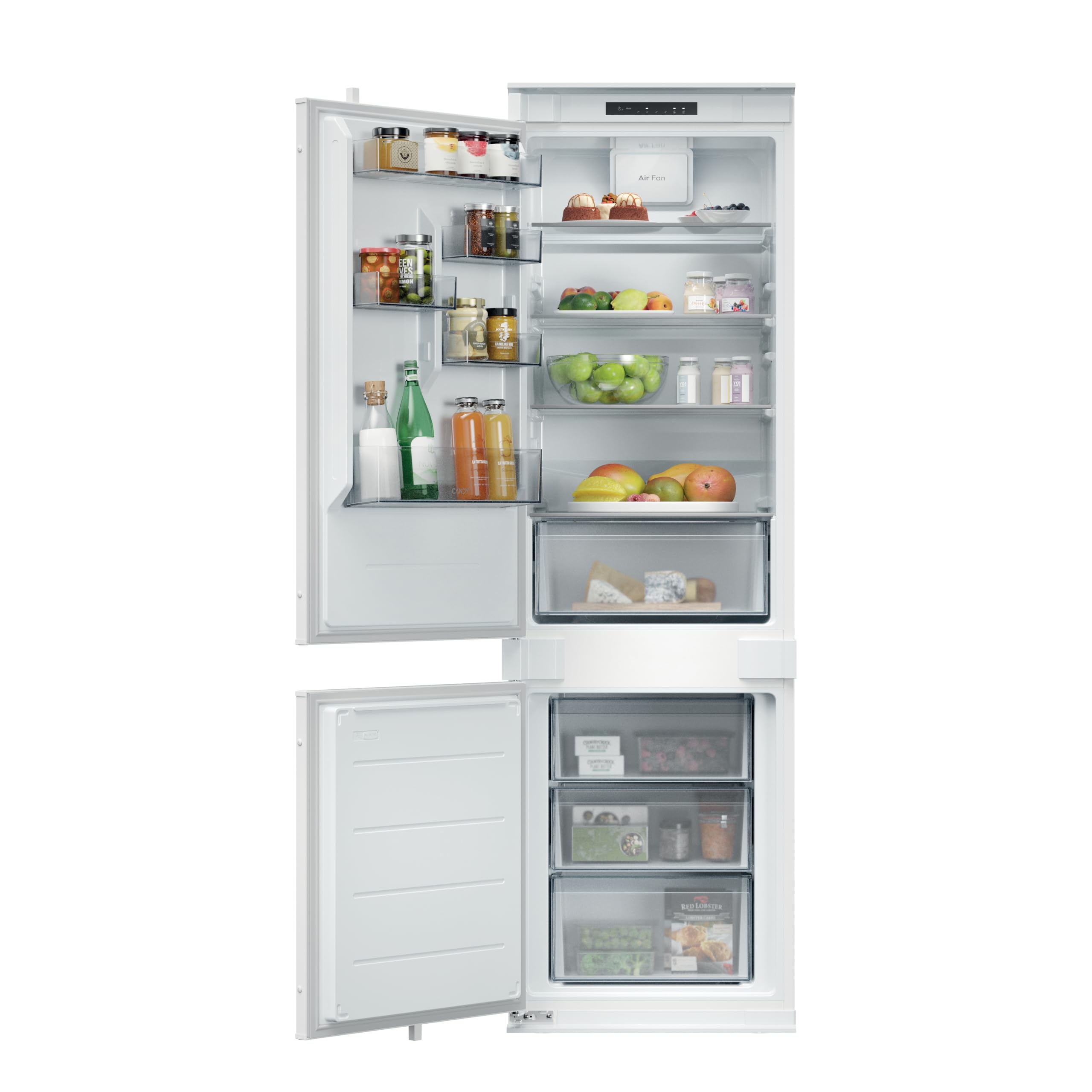 CANDY Frigorifero Combinato da Incasso 268 Litri, Low Frost, Classe E | Super Raffreddamento, Air Fan, Display LED, Illuminazione LED, 35 dB, 177x54x55 cm, CNBQL3518EV/L