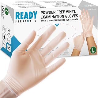 Ready First Aid - Disposable Vinyl Gloves, Medical Grade Powder-Free Latex-Free Nitrile-Free Ambidextrous Examination Gloves Non-Sterile, Multiple Purpose, Pack & Size (Large, Pack of 100)