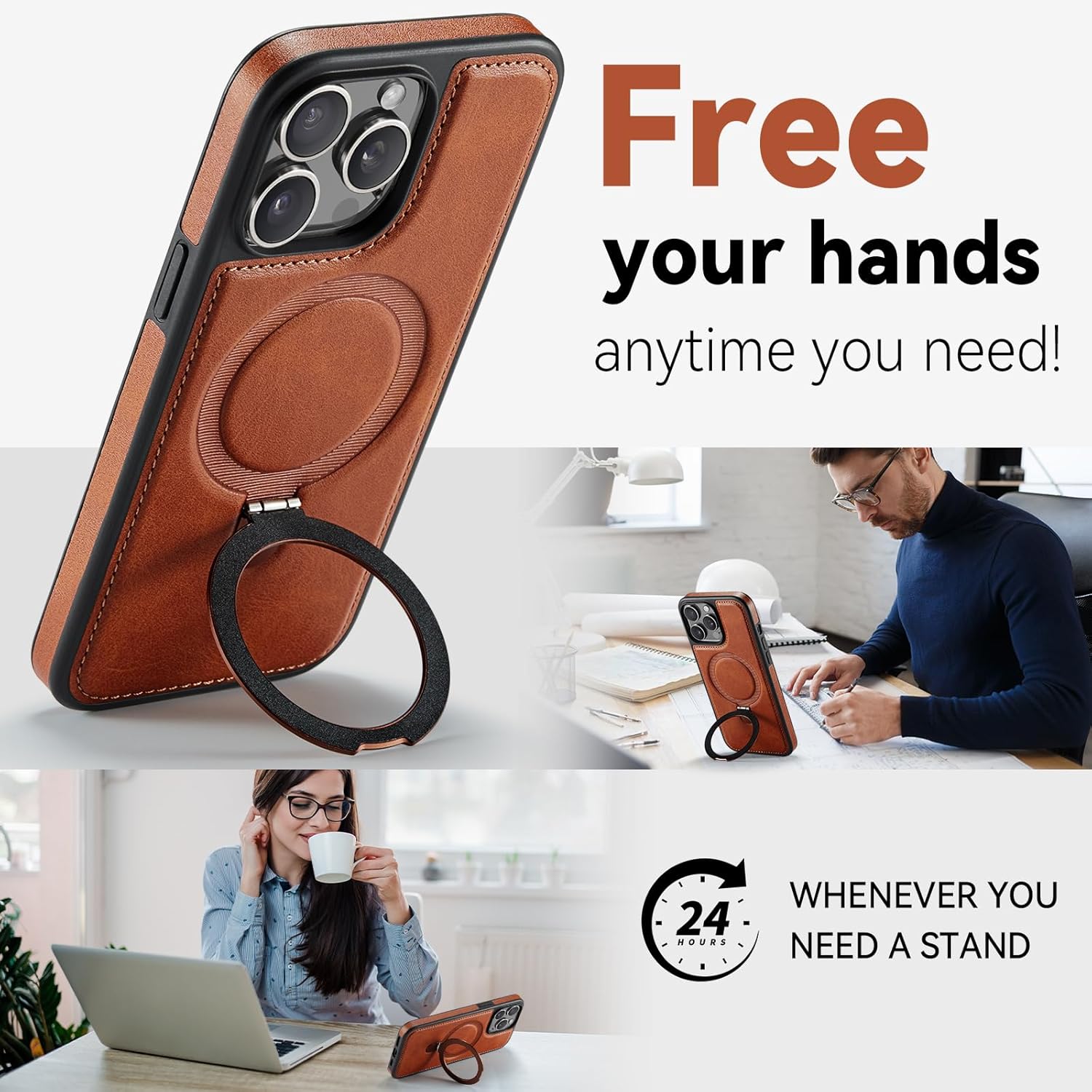 CHEEWADA Compatible with iPhone 15 Pro Max Case with Stand, Compatible with MagSafe, Slim PU Leather & Durable TPU Protective Cover Drop-Proof with Tempered Glass Screen Protector 6.7", Brown - Image 8