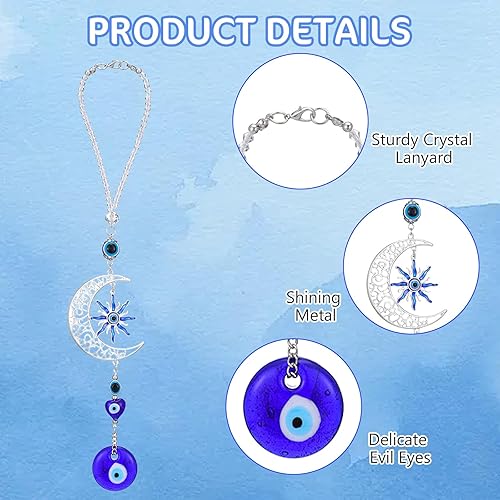 Miniatura 6 de Dije de mal de ojo para automóvil, dije de mal de ojo azul, adorno colgante de luna de cristal azul, adornos colgantes para autos, accesorios